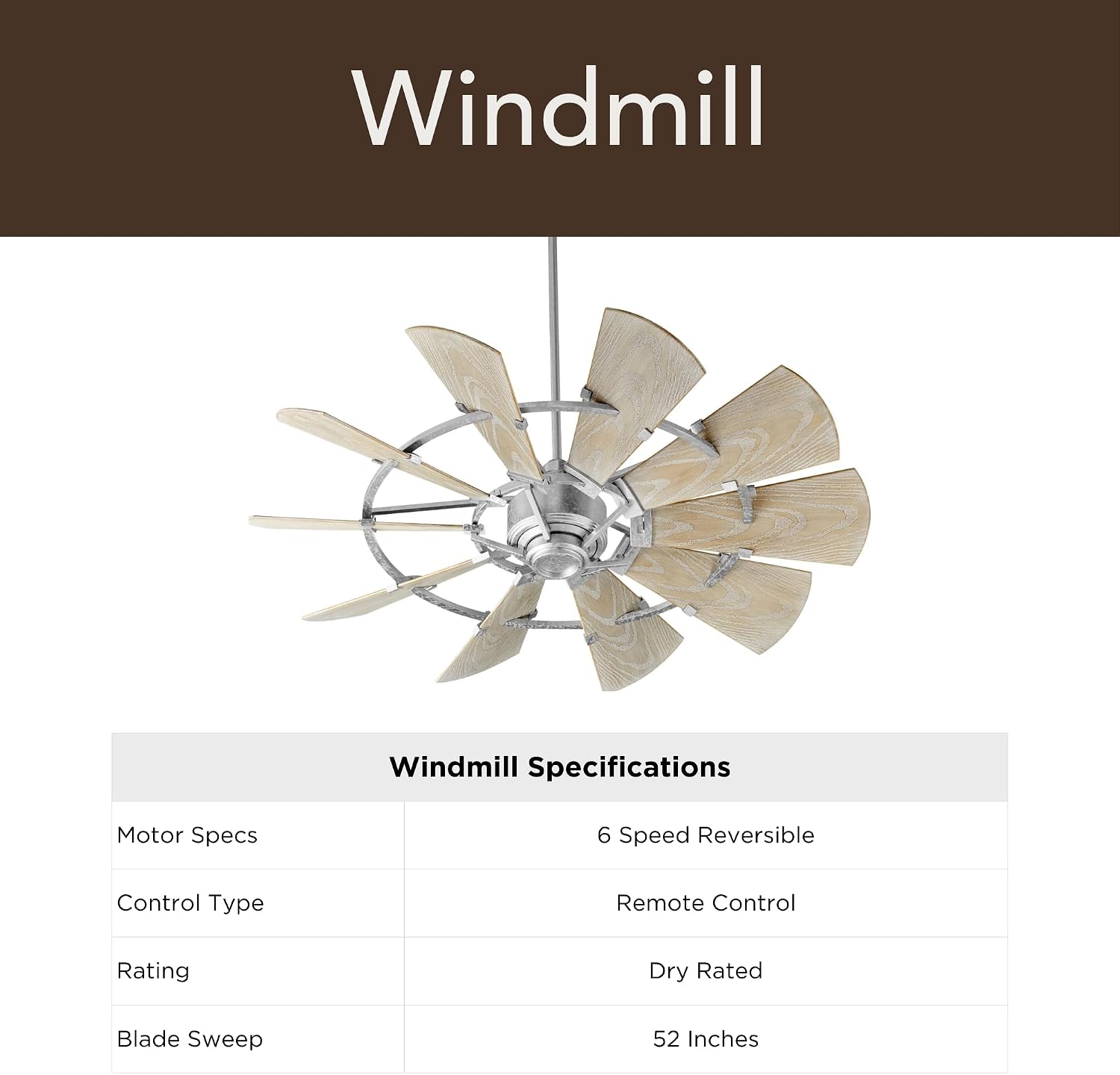 Quorum 97215-9 Windmill 72 Inch Ceiling Fan | 15 Blade Wagon Wheel Design | 6 Speed Reversible DC Motor | Remote Control Included | Dry Rated Ceiling Fan | Weathered Oak Blades | Galvanized Finish