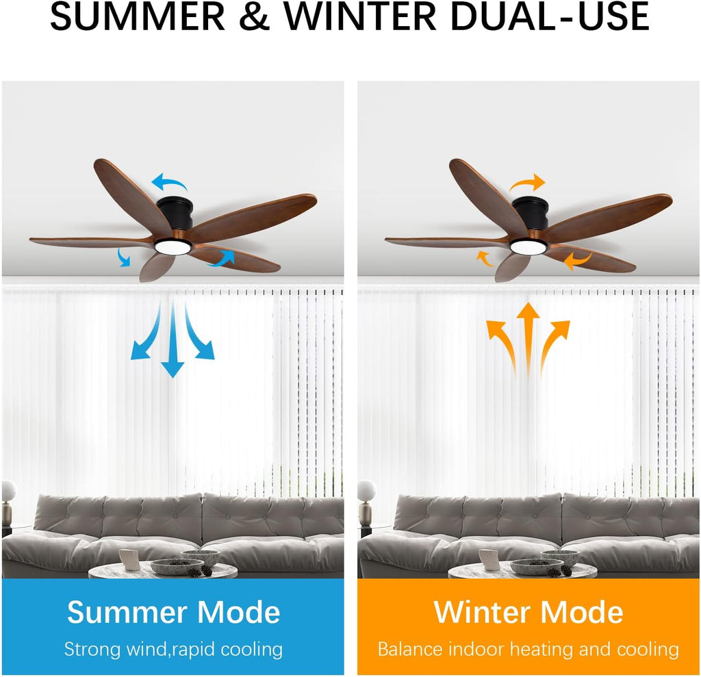 Ceiling Fan with Lights, 52Inch Flush Mount Ceiling Fan with Remote Control, 5 Wood Blades, DC Motor,3CCT,Walnut Wooden Ceiling Fans for Bedroom, Living Room, Home Office,Indoor