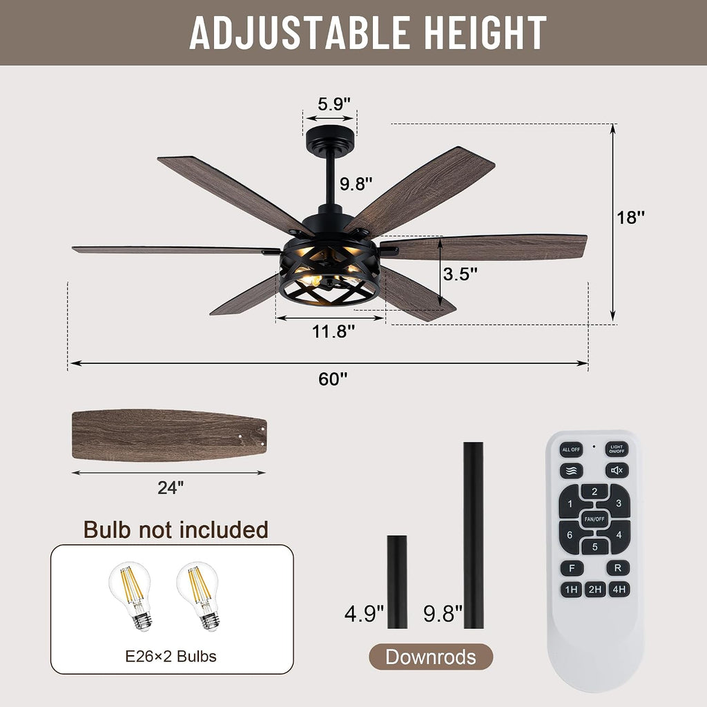 60' Farmhouse Ceiling Fan with Lights and Remote,6-Speed DC Motor Industrial Caged Ceiling Fan,Reversible Blades,Timer,2-Color Blades for Bedroom Living Room (E26 Bulbs Not Included)