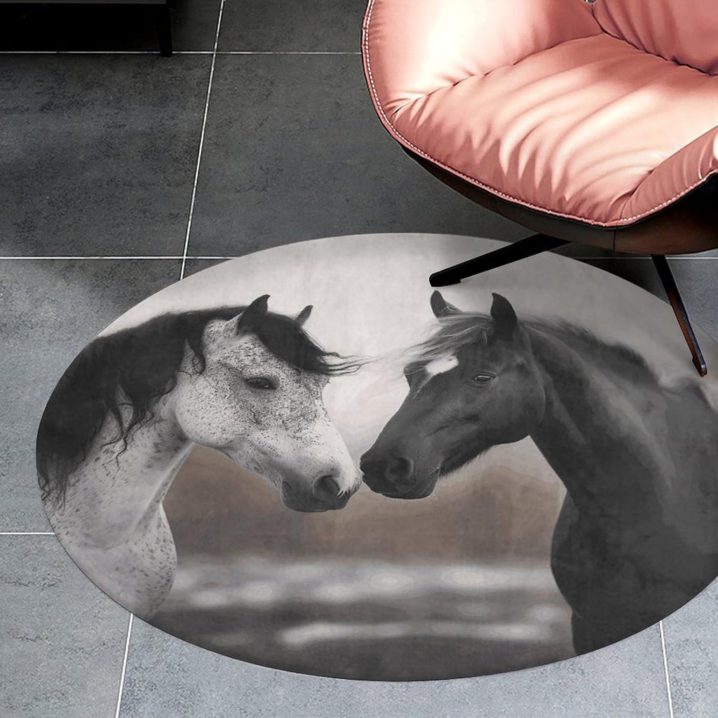 Black and White Horses Coral Velvet Round Floor Mat Non-Slip Bath Rug Floor Covering for Bathroom Vanity Guest Suite & Vacation Home