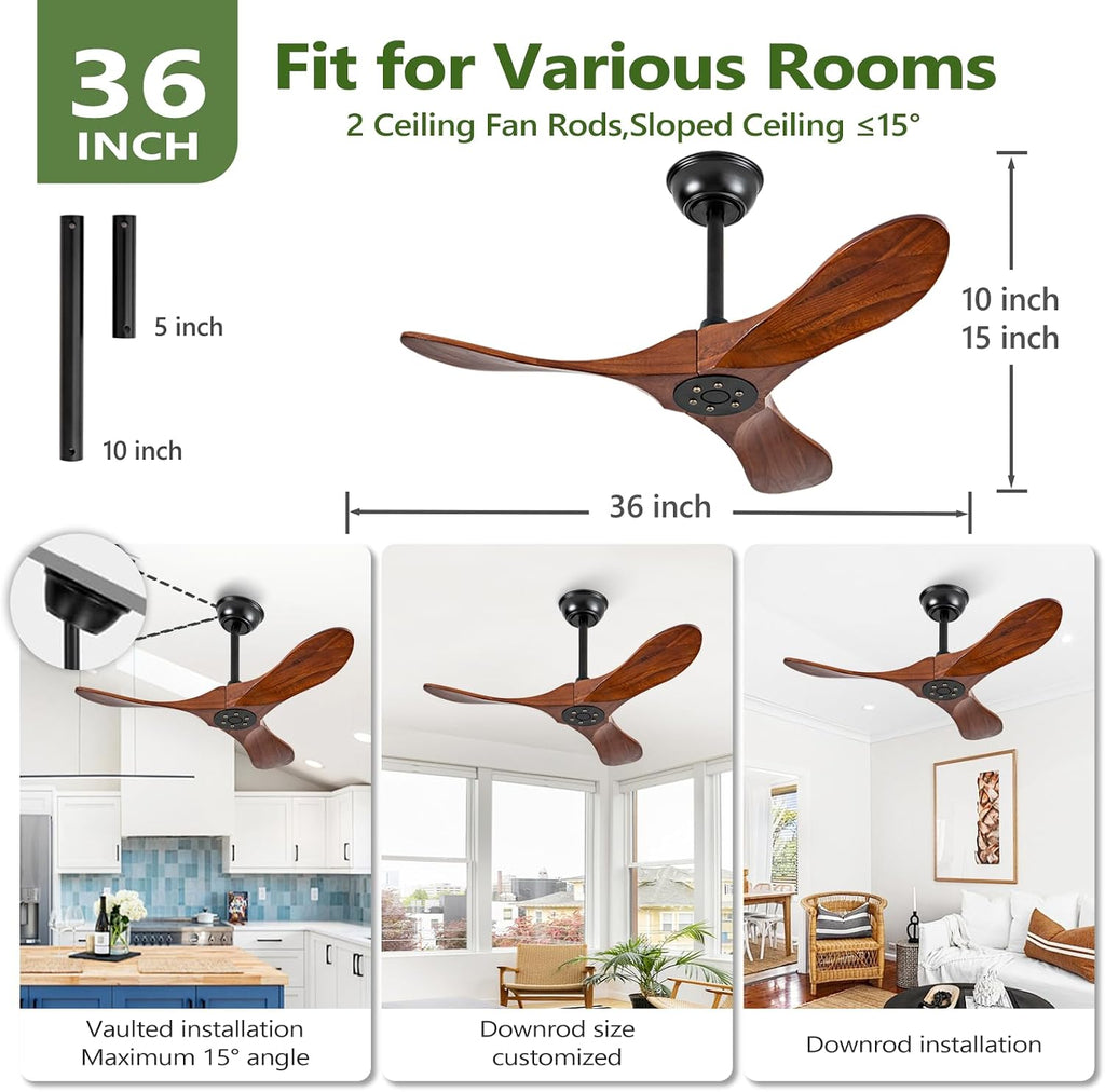 36 Inch Small Outdoor Ceiling Fans for Patios,Wood Ceiling Fans with Remote and Wall Control,6 Speeds,Reversible DC Motor,Noiseless,Porch small Ceiling Fans for Patio,Bedroom,Livingroom