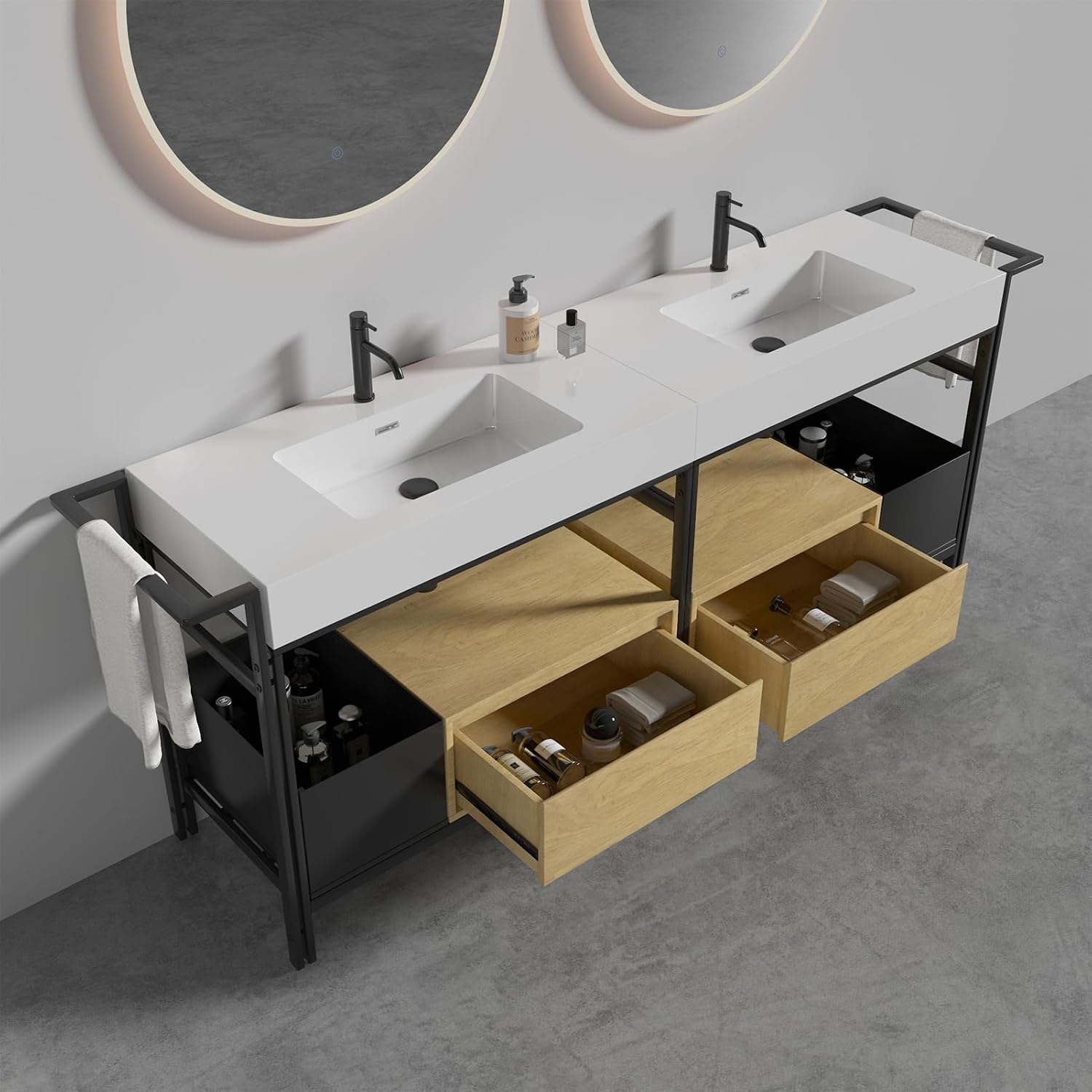2 x 36 Inch Bathroom Vanity Set, Industrial Style Modular Bathroom Vanity with Quartz Sink Combo and Metal Frame and Drawers, Without Drainage and Faucet, Oak+White