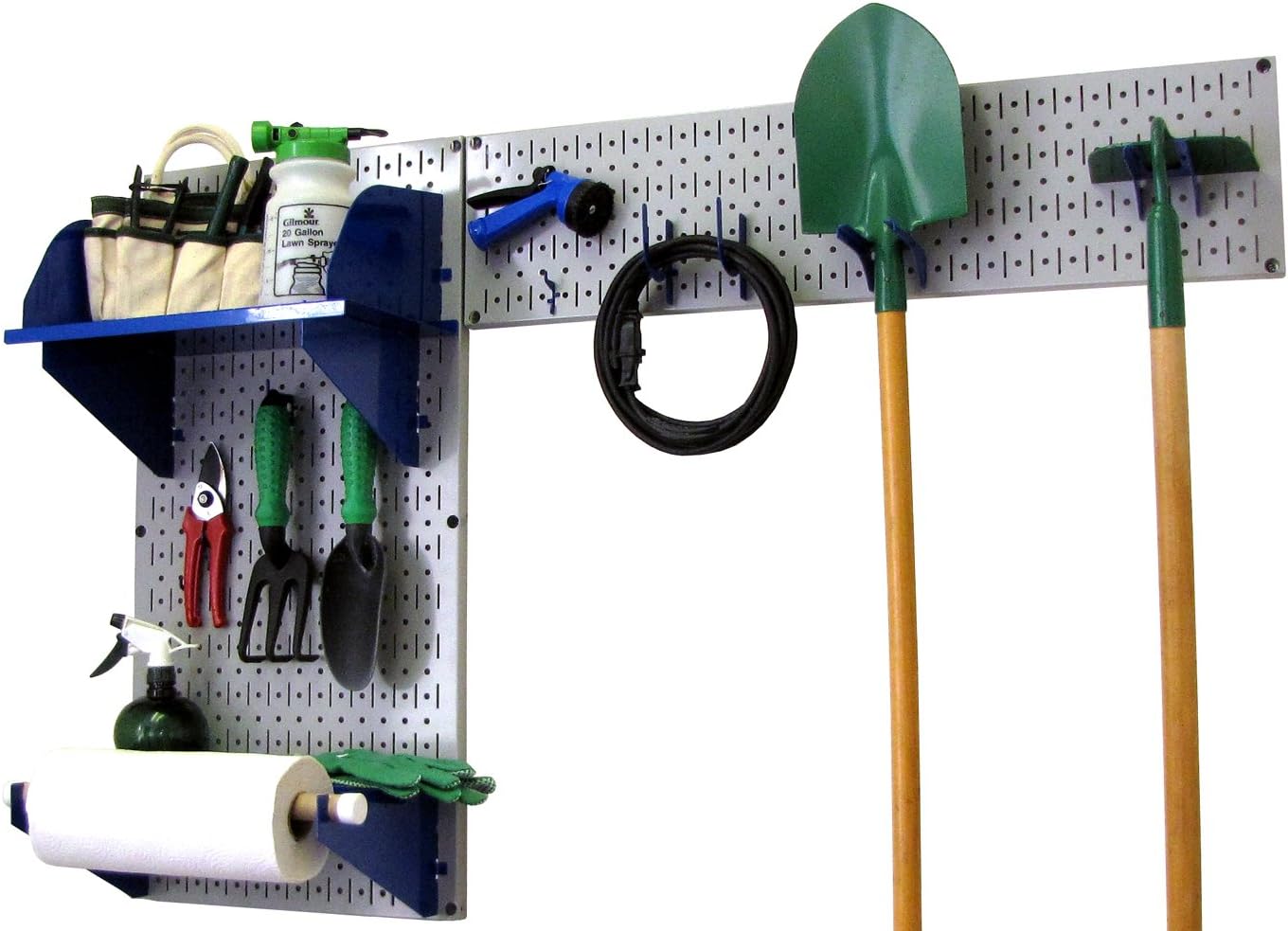 Wall Control Pegboard Garden Supplies Storage and Organization Garden Tool Organizer Kit with Gray Pegboard and Blue Accessories