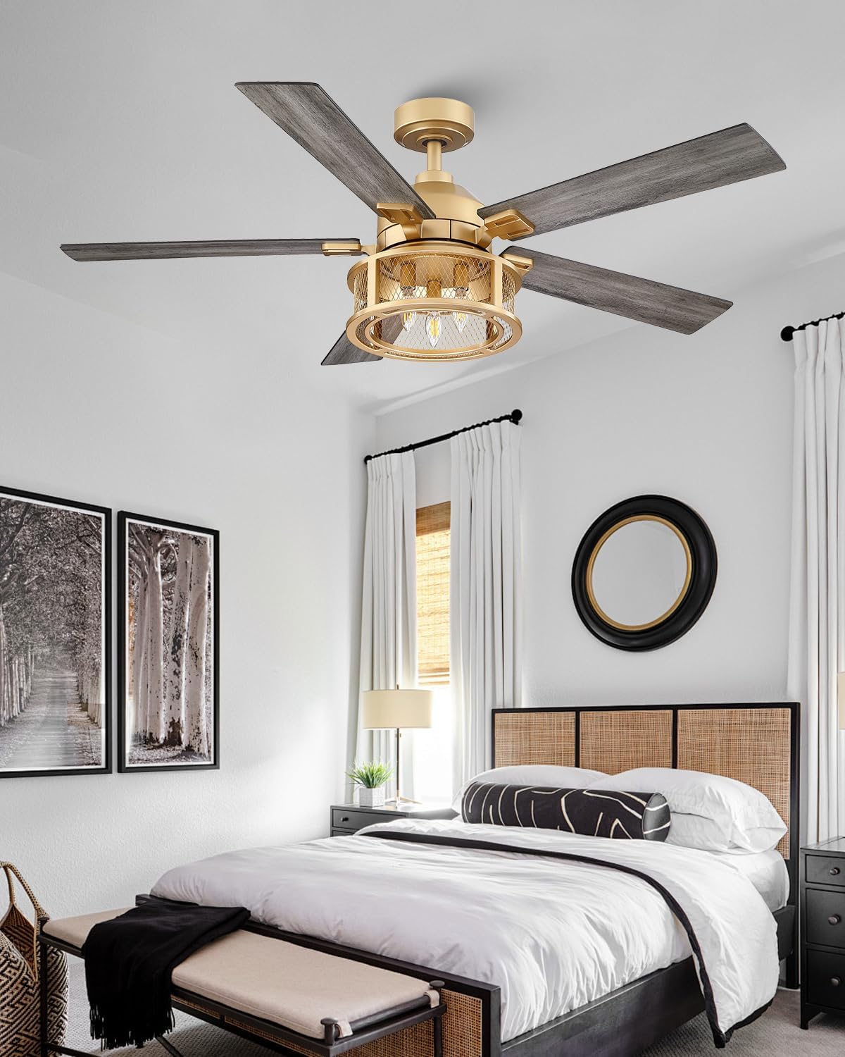 Parrot Uncle 52 Inch Ceiling Fan with Lights and Remote, Rustic Gold Ceiling Fan for Living Room Bedroom, 2 Color Blades, 3 Speeds,3 CCT,Timing and Memory Function(Bulb not included)