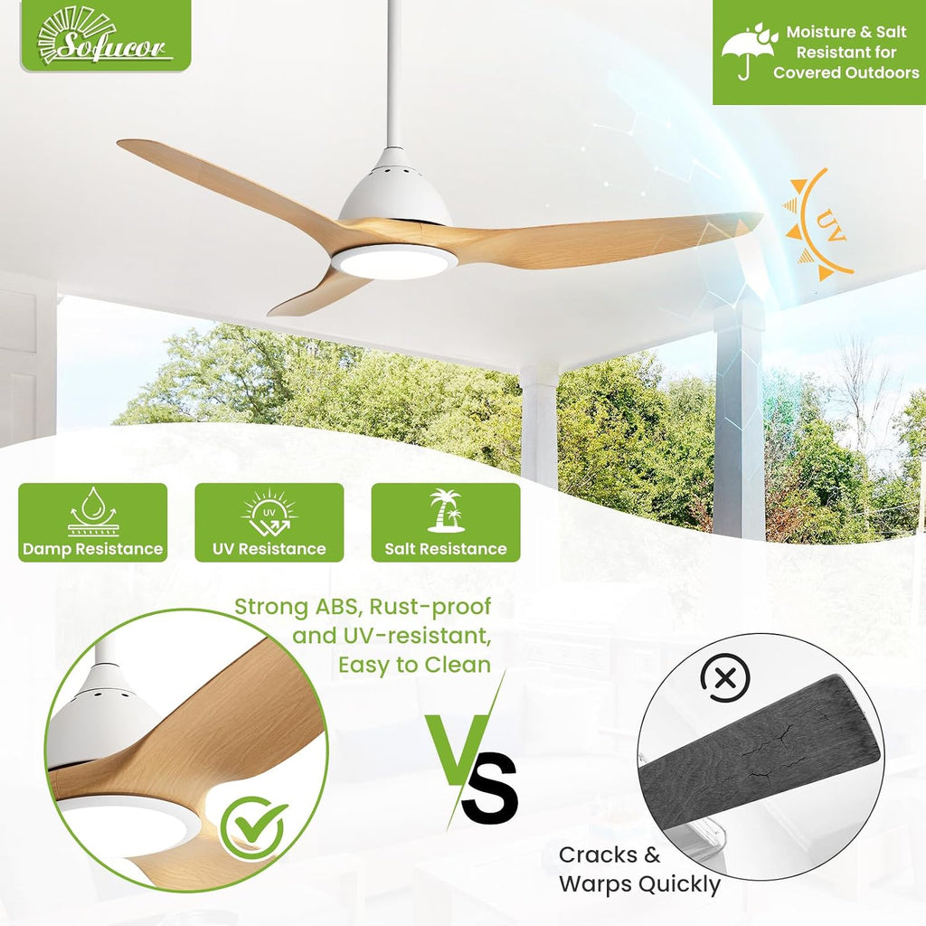 Sofucor 52 Inch Smart Ceiling Fan with Light, Modern Ceiling Fan with 3 Plastic Blade, Quiet, Dimmable, Compatible with Alexa/Google/App, 6 Speeds 7000CFM, Timer Quiet Reversible DC Motor, Log-color