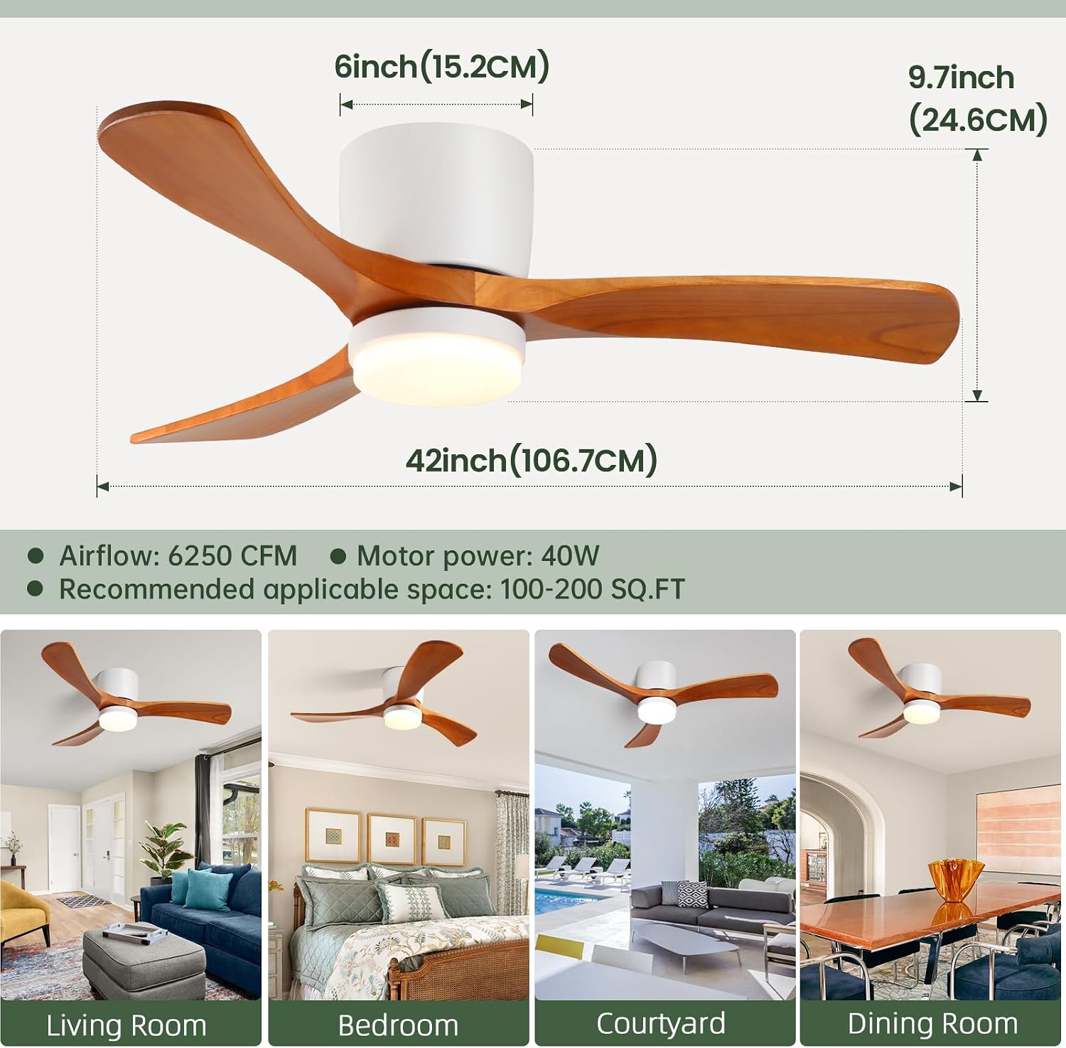 GESUM 42' Flush Mount Ceiling Fan with Lights3 Wood Blades, Reversible,Dimmable, Low Profile Ceiling Fan with Remote Control for Living Room Kitchen Bedroom(White+Wood)