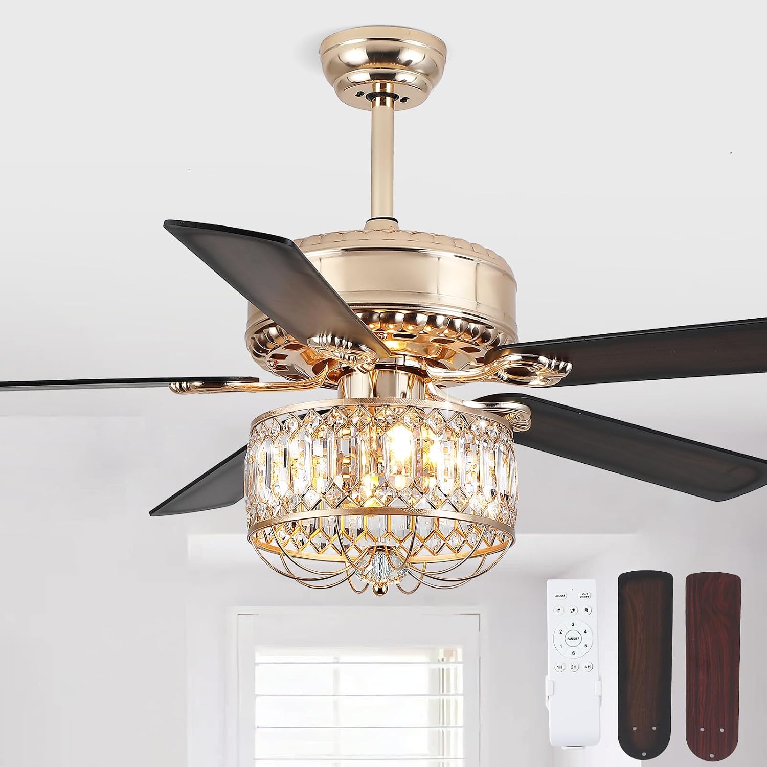 Kviflon Farmhouse Crystal Ceiling Fans with Lights and Remote, 52 Inch Chandelier Ceiling Fans, Gold Fandelier Ceiling Fan for Bedroom Living Room, Quiet DC Motor, Reversible, Bulb not Included
