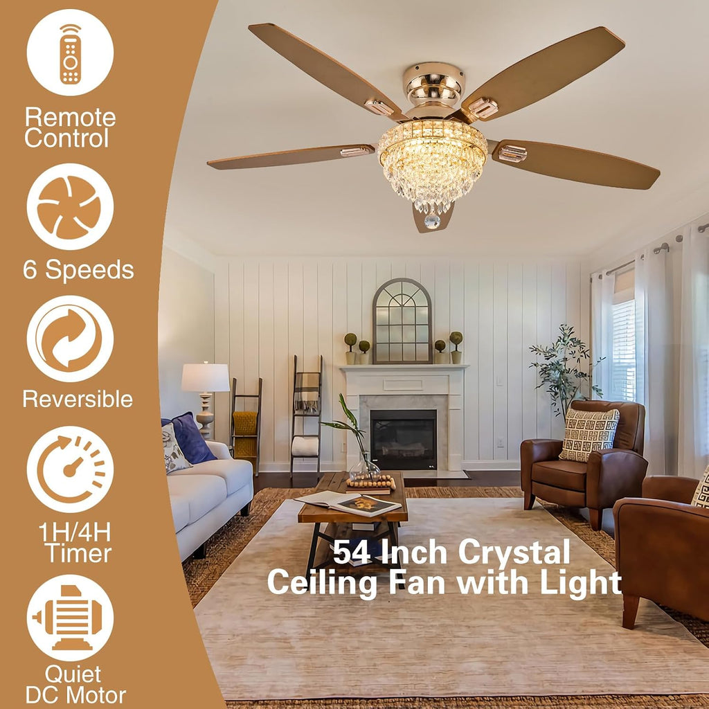 Crystal Ceiling Fan Fandelier with Lights-Ceiling Fans with Lights,54' Low Profile and Remote Control, Flush Mount, Reversible, Dimmable, Noiseless,Gold Ceiling Fan for Bedroom