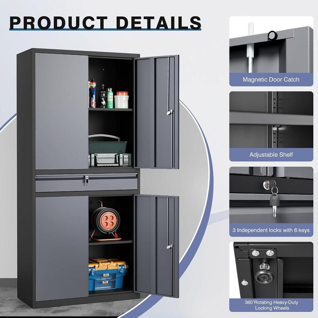Metal Storage Cabinet with Drawer, Garage Storage Cabinet with Locking Doors and Adjustable Shelves for Garage, Home Office,Warehouse