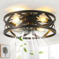 20'' Black Caged Ceiling Fan with Lights and Remote, Flush Mount Fandalier Ceiling Fan Low Profile Industrial Chandelier for Bedroom Kitchen, Bladeless with 4 Lights, Reversible 6 Speeds