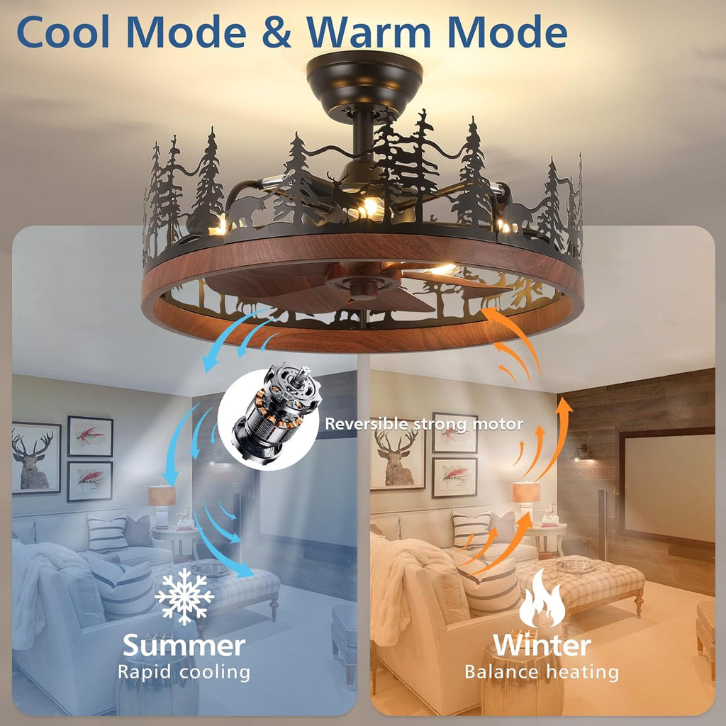 Farmhouse Rustic Ceiling Fan with Light and Remote, 21 Inch Flush Mount Vintage Bladeless Rustic Chandeliers Fan, Rustic Ceiling Fan for Living Room, Bedroom, Hallway, Entryway Lighting