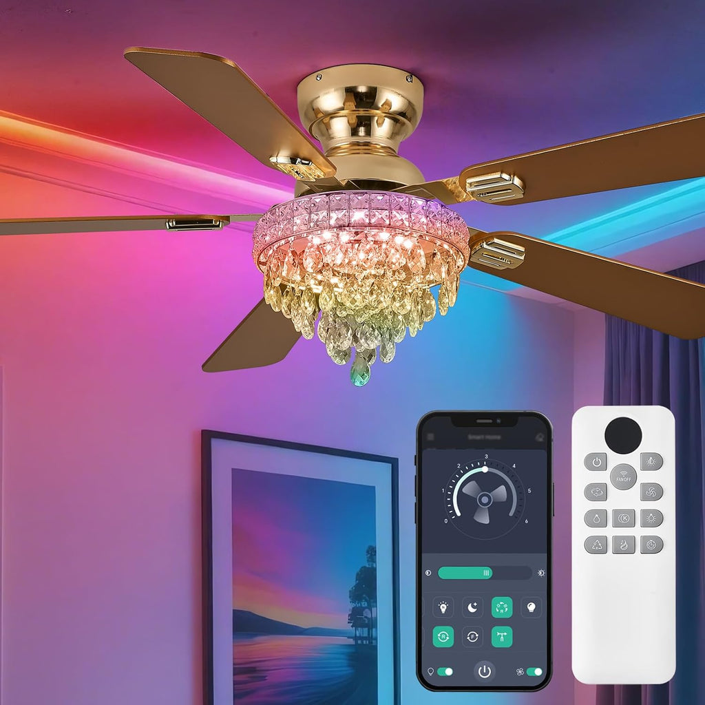 52' Crystal Ceiling Fans with RGB Lights, Remote/App Control, Luxury Fandelier Ceiling Fan Flush Mount, Reversible DC Motor, Dimmable, Bedroom Chandelier Fan, (Gold)