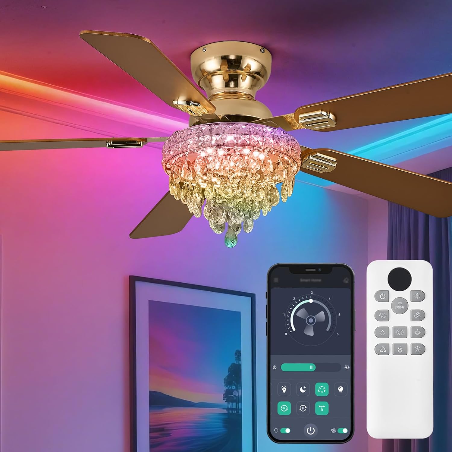 52' Crystal Ceiling Fans with RGB Lights, Remote/App Control, Luxury Fandelier Ceiling Fan Flush Mount, Reversible DC Motor, Dimmable, Bedroom Chandelier Fan, (Gold)