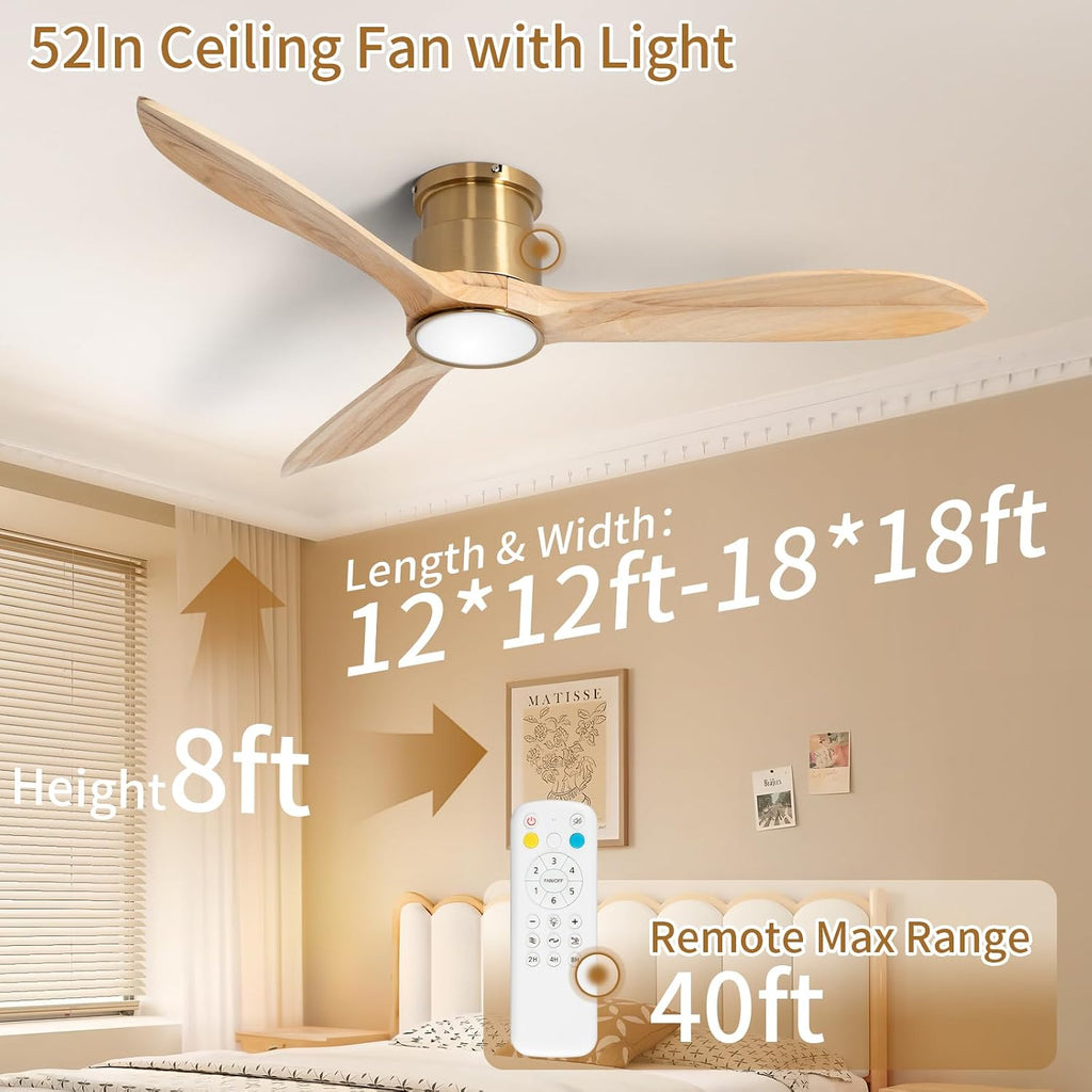 52inch Ceiling Fan with Lights,Wood Low Profile Ceiling Fans with Remote Control,Dimmable Light,3 CCT,6 Speeds,Noiseless DC Motor,Ceiling Fan for Bedroom,Living Room,Office,Indoor,Natural Wood Grain