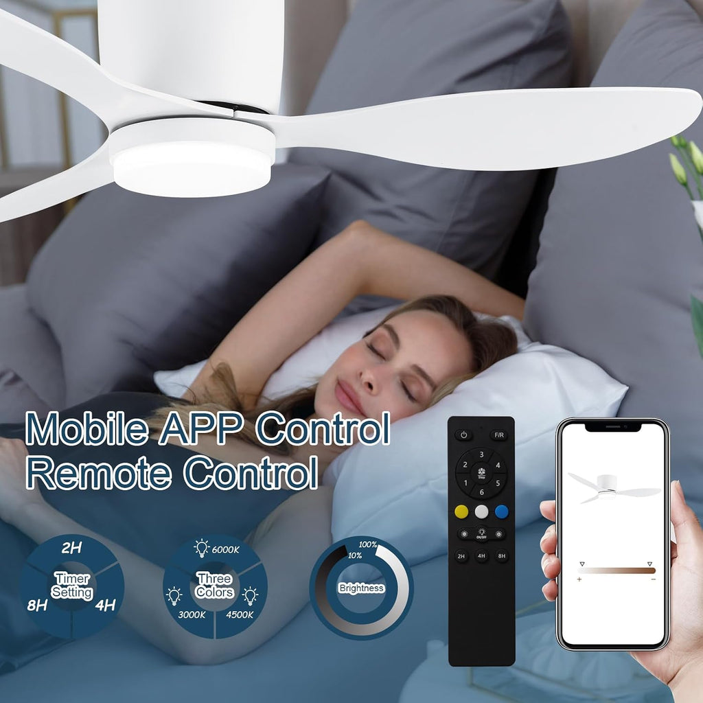 GESUM 42 Inch Ceiling Fans with Lights, Flush Mount Ceiling Fan with APP and Remote Control, Reversible, 6 Speeds, 3CCT Dimmable, White Ceiling Fan with Light for Living Room Bedroom (White)