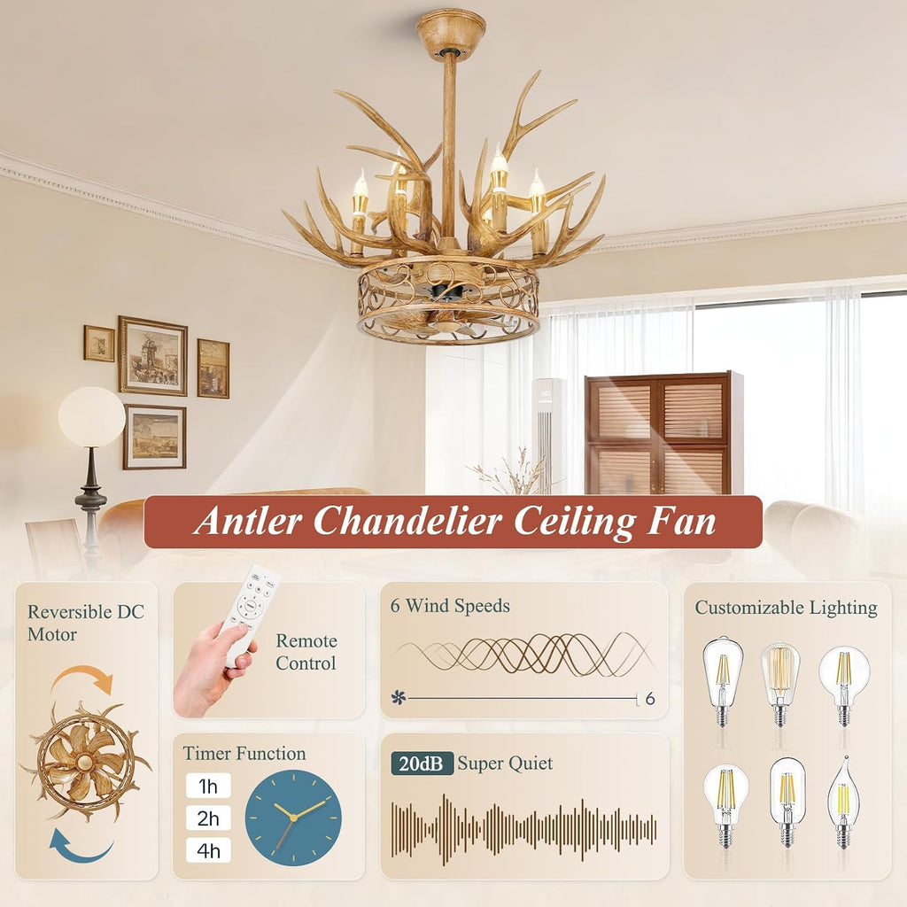 Antler Chandelier Ceiling Fan, 26' Rustic Farmhouse Ceiling Fan with 6 Lights, Retro Country Style Deer Horn Chandelier Lighting, Antler Lamp for Cafes, Bars, Kitchen, Dining Room, Living Room