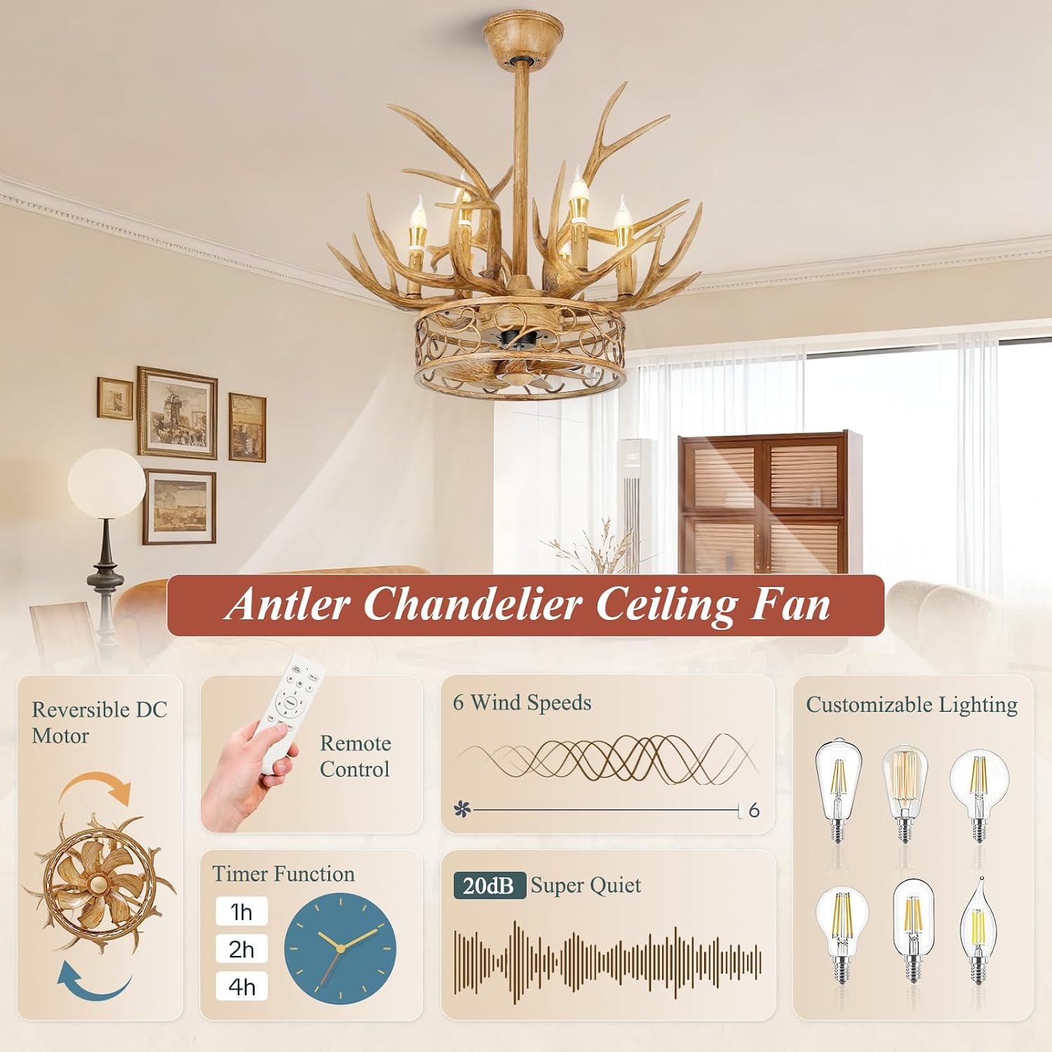 Antler Chandelier Ceiling Fan, 26' Rustic Farmhouse Ceiling Fan with 6 Lights, Retro Country Style Deer Horn Chandelier Lighting, Antler Lamp for Cafes, Bars, Kitchen, Dining Room, Living Room