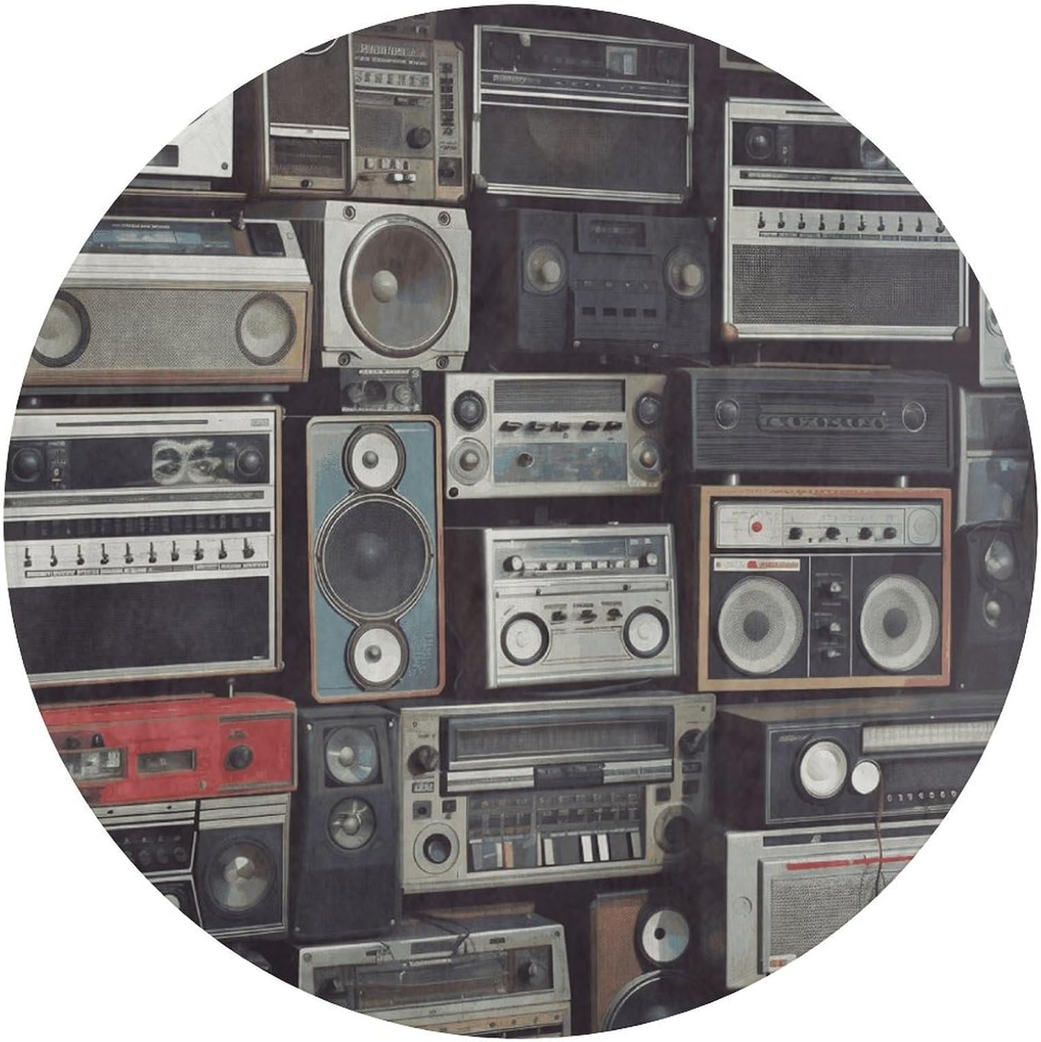 Vintage Wall of Radio Boombox Coral Velvet Round Floor Mat Non-Slip Bath Rug Floor Covering for Bathroom Vanity Guest Suite & Vacation Home