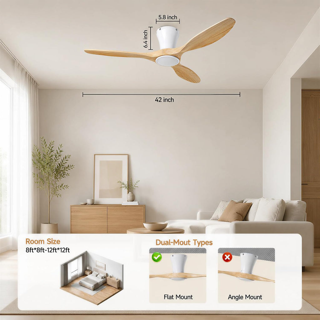 Skylike 42' Flush Mount Wood Ceiling Fan with Lights, 3 Blade Low Profile Farmhouse Ceiling Fan with Remote Control,Quiet Indoor/Outdoor Light Walnut Ceiling Fan for Patio,Gazebo, Balcony, Living Room