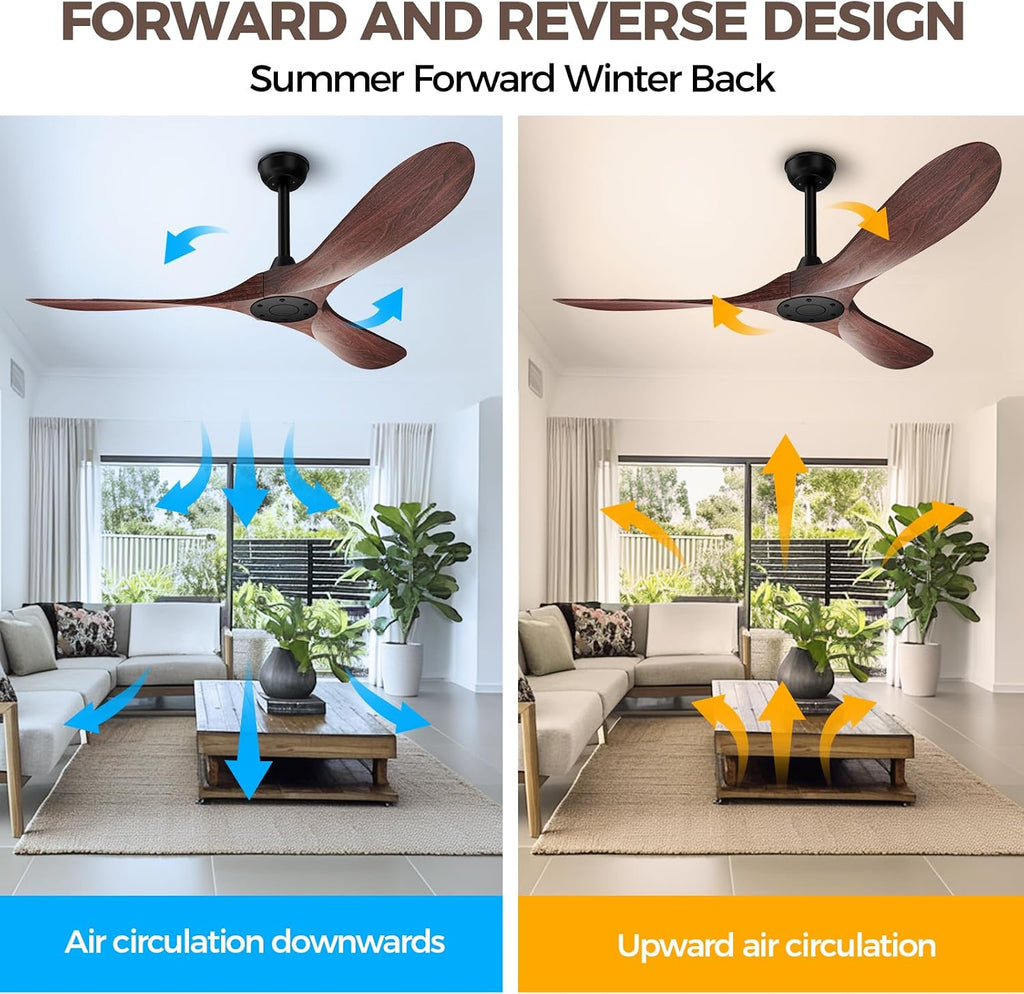 Obabala 52 Inch Ceiling Fan Without Lights, Walnut Finish | Outdoor Ceiling Fan with Remote, 6-Speed Adjustable Reversible DC Motor for Patio & Living Room