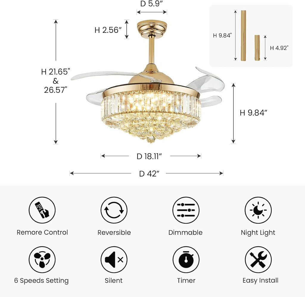 Modern Crystal Ceiling Fans with Lights and Remote Retractable Invisible Blades LED Dimmable Fandelier Gold Chandelier Ceiling Fan for Dining Room, Living Room, Bedroom 42 Inches