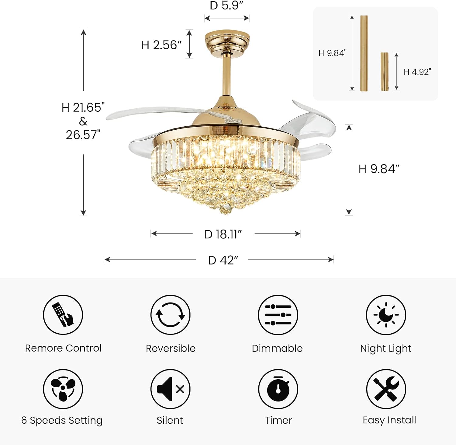 Modern Crystal Ceiling Fans with Lights and Remote Retractable Invisible Blades LED Dimmable Fandelier Gold Chandelier Ceiling Fan for Dining Room, Living Room, Bedroom 42 Inches
