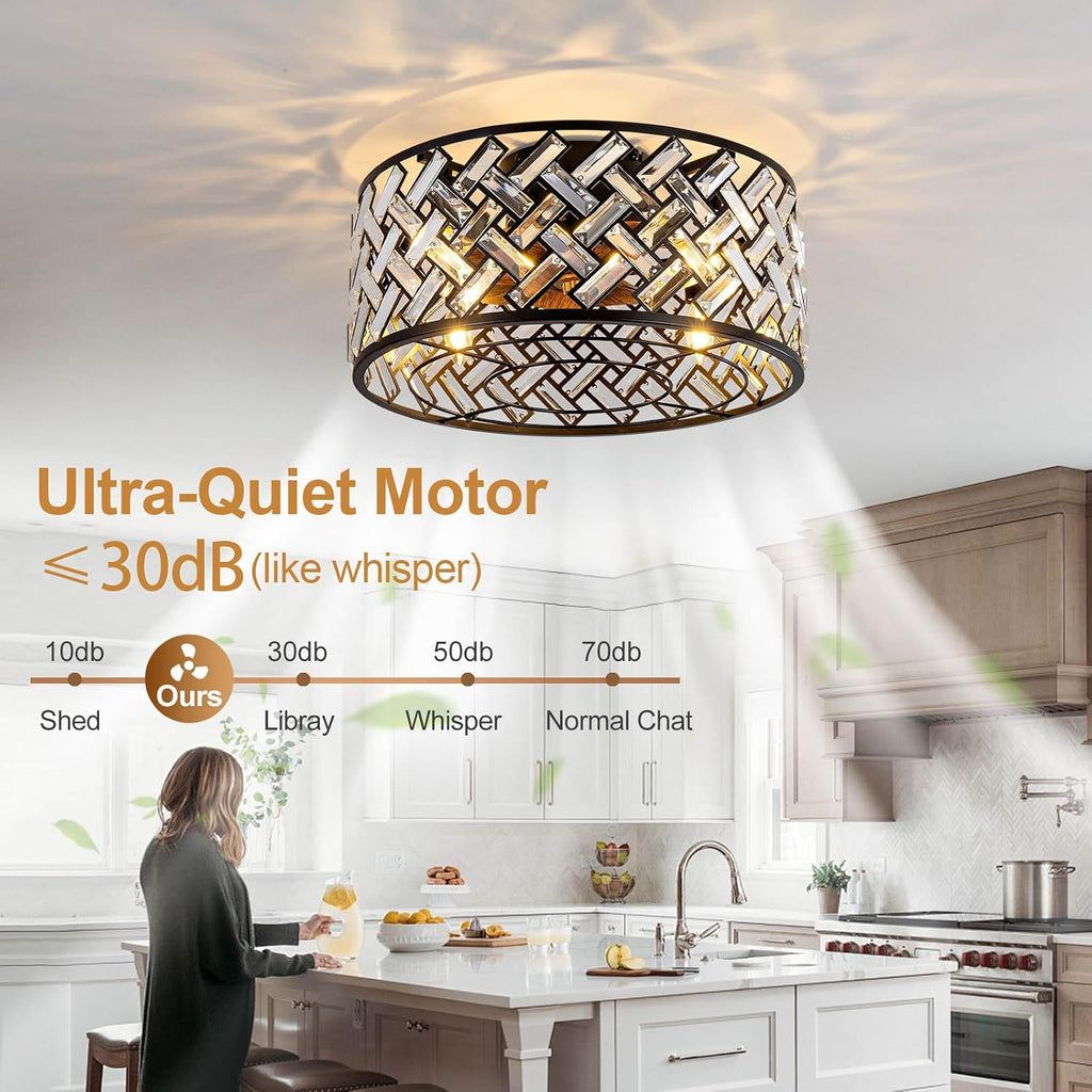 Modern Chandelier Crystal Ceiling Fans with Lights and Remote, 18.7-Inch Low Profile Bladeless Flush Mount Caged Ceiling Fan for Bedroom, Kitchen,Living Room,Small Ceiling Fan with Light with 6 Speed