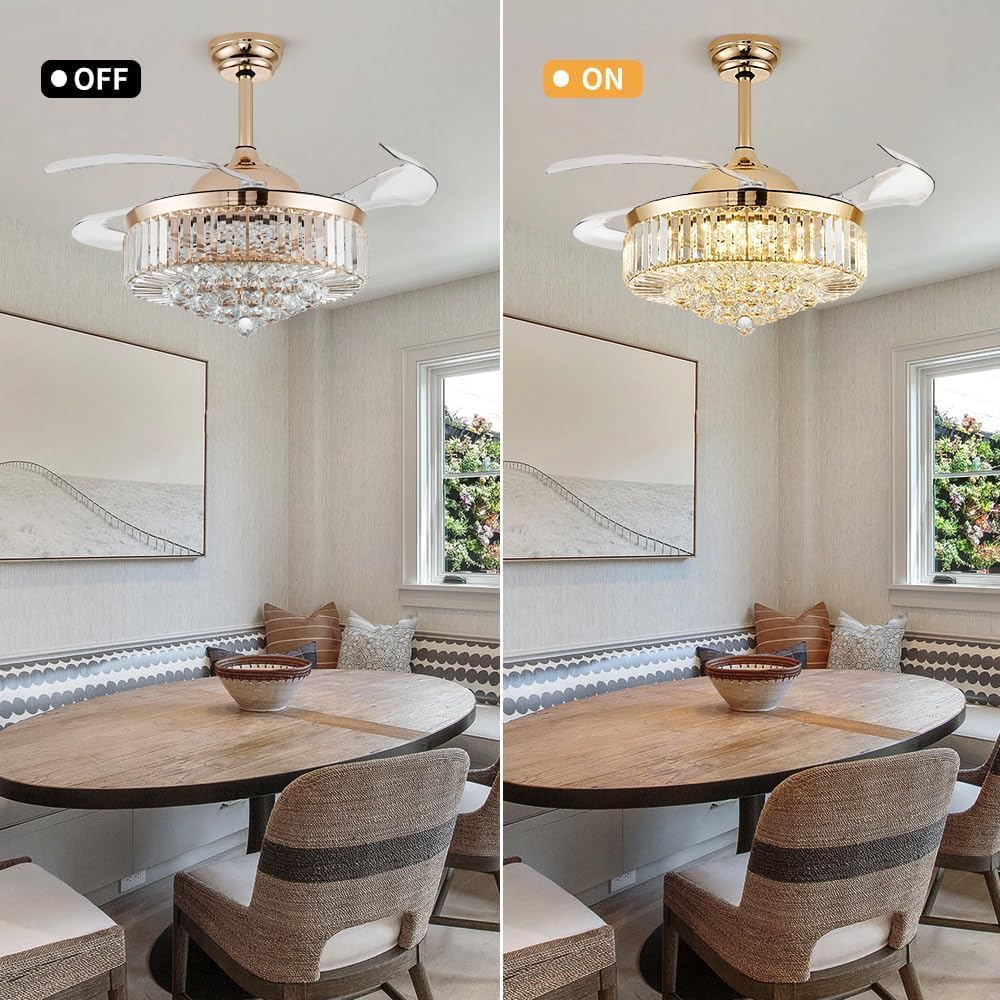 42'' Fandelier Ceiling Fans with Light, Chandelier Ceiling Fan, Retractable Crystal Ceiling Fan for Bedroom, Living Room, 3 Color Change, LED Dimmable, 6 Speeds, Reversible DC Motor-Gold