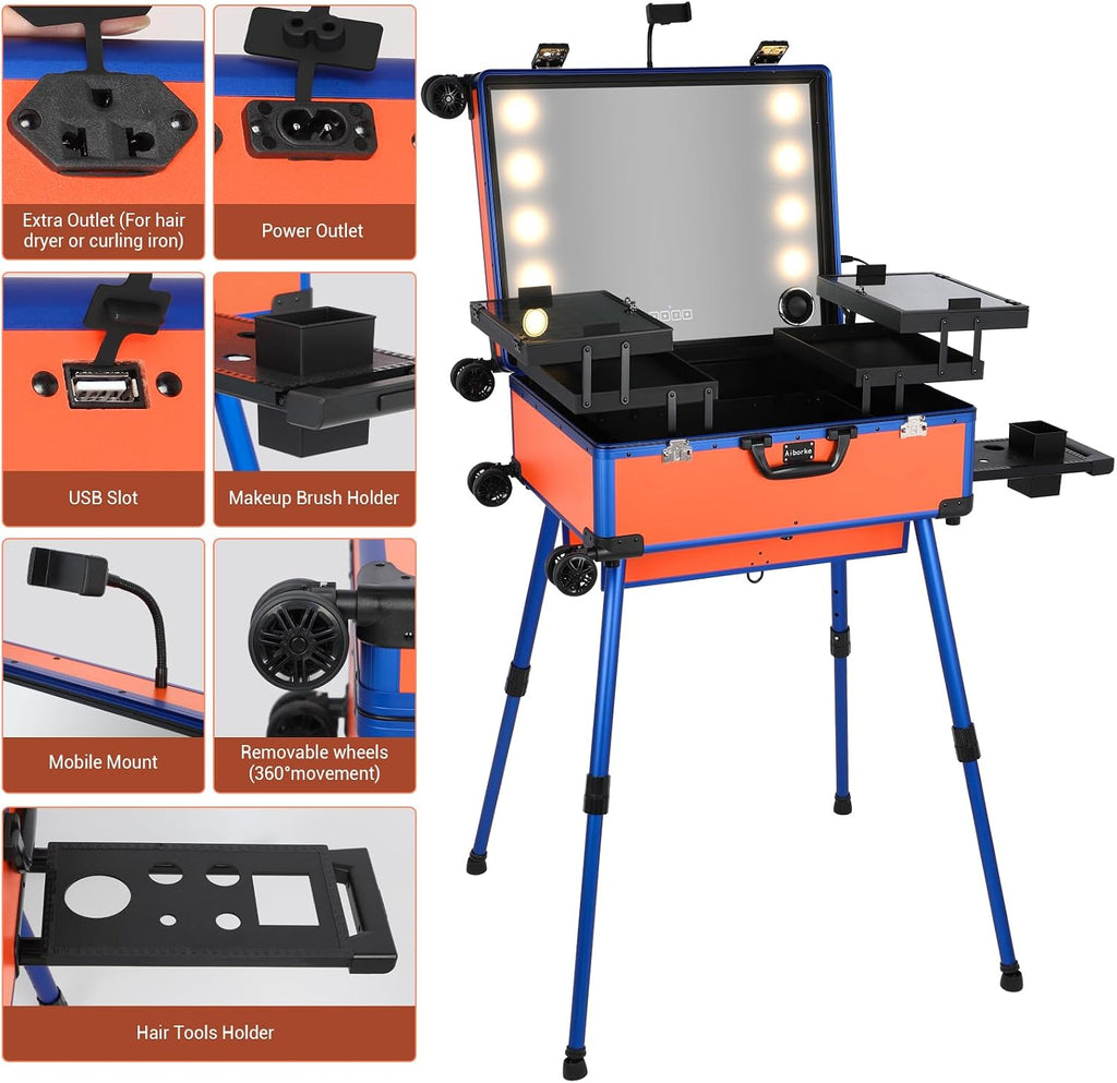 Rolling Makeup Train Case with Lighted Mirror and Bluetooth Speaker Professional Cosmetic Organizer Case with Wheels, Stands Portable Makup Station Vanity for Travel (Orange, Medium)