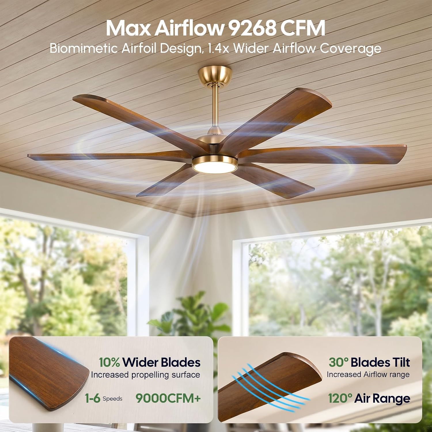 72 Inch Smart Outdoor Ceiling Fan with Lights, Brass Gold with 6 Solid Wood Walnut Blades, Modern Farmhouse, Alexa/App/Remote Control, 9268 CFM Quiet DC Motor, for Large Room Exterior Gazebo Patio