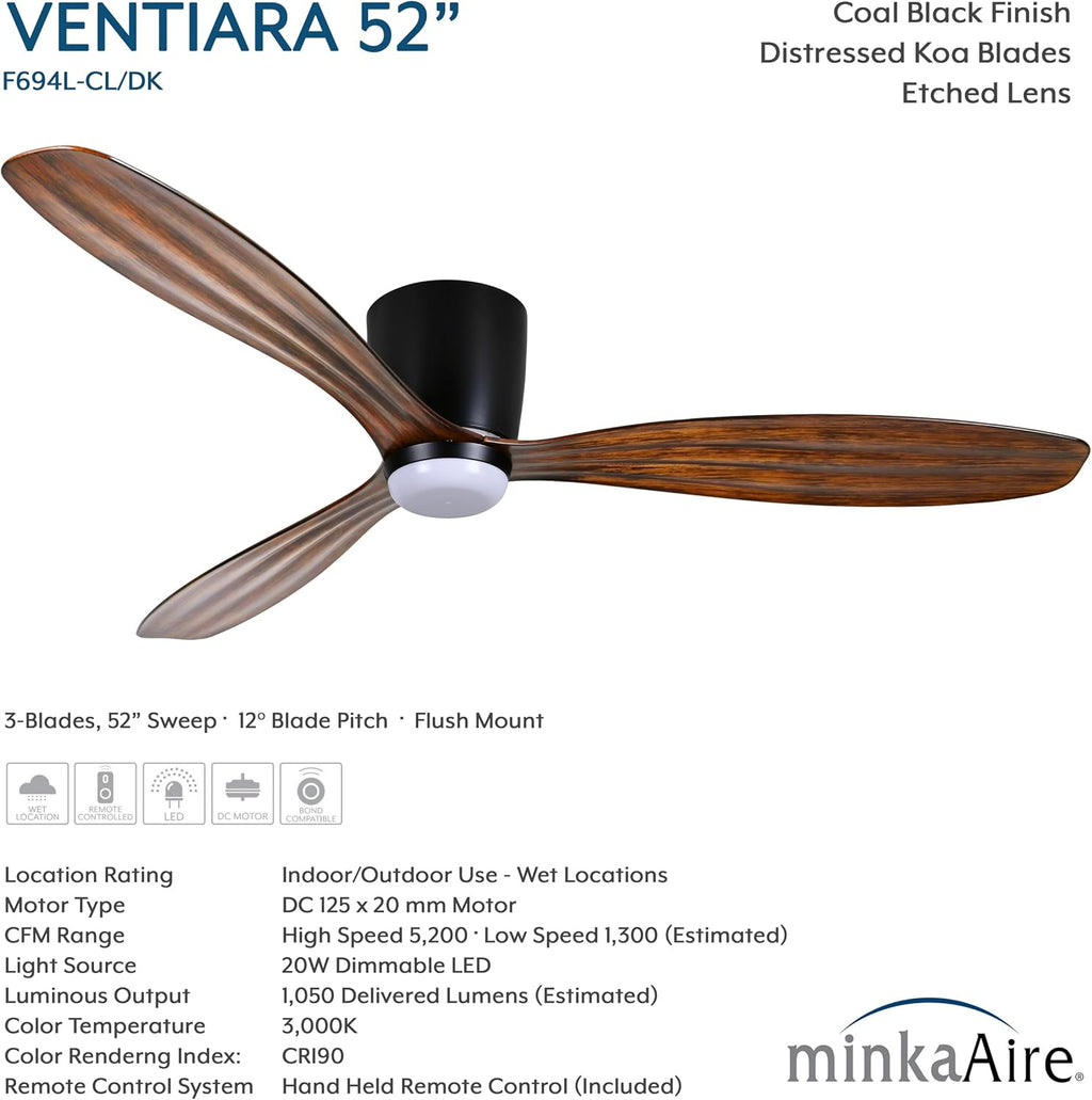 MINKA-AIRE F694L-CL/DK Ventiara 52' 3-Blade LED Flush Mount Indoor/Outdoor Ceiling Fan in Coal Black and Distressed Koa Finish Blades with Etched Lens