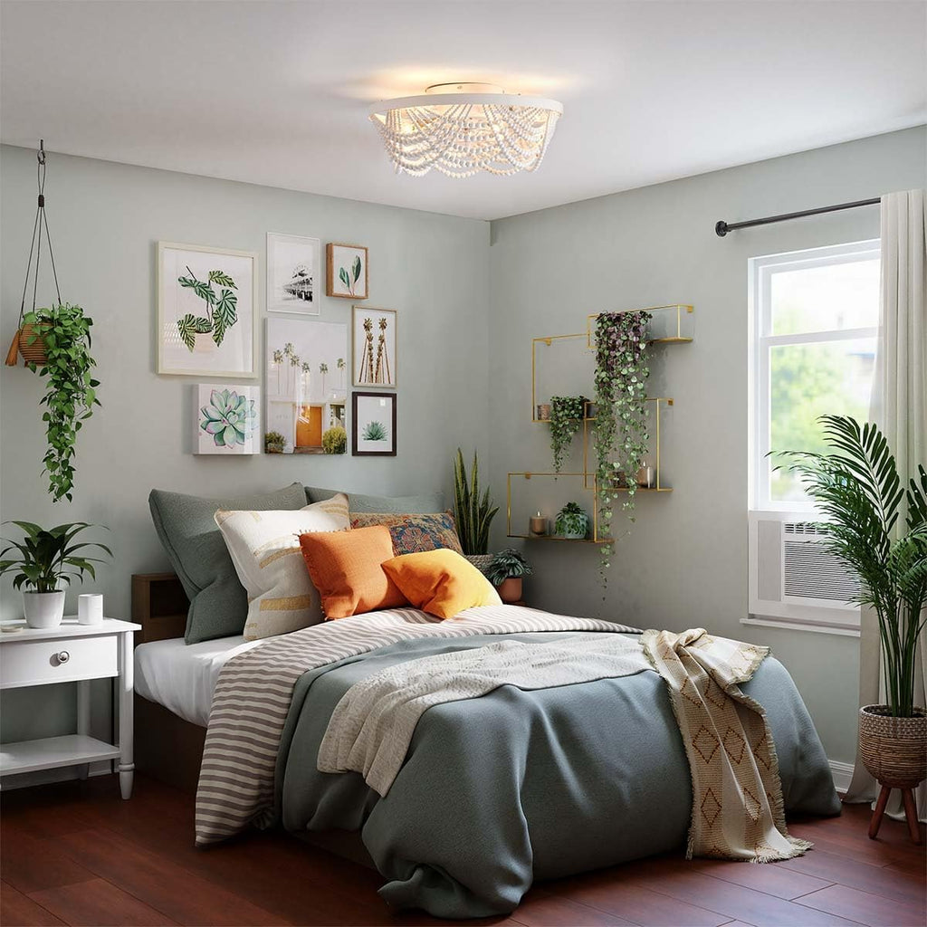 Boho Ceiling Fan with Lights Flush Mount,20 Inch Bohemia White Wood Bead Close to Ceiling Fan Light, 4 Lights Low Profile Enclosed Ceiling Fans with Remote Control for Bedroom Living Room Kitchen