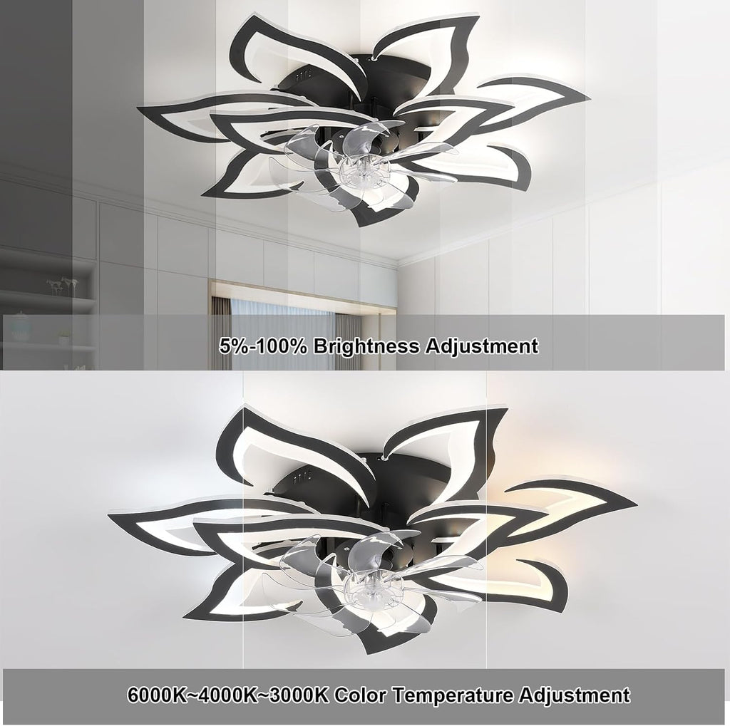 32' Black Flower Ceiling Fan with Lights Remote Control, Modern LED Low Profile Flush Mount Ceiling Fan with Light for Kitchen Bedroom Living Room