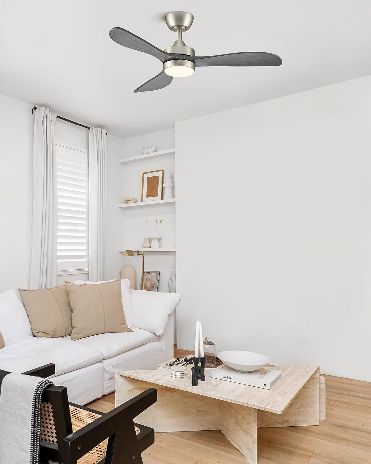 VONLUCE Wood Ceiling Fan with Lights, 42 Inch Ceiling Fan and Remote, 6-Speeds Quiet Reversible DC Motor, 3CCT, 3 Blades Outdoor Ceiling Fan for Patios Farmhouse, Nickel