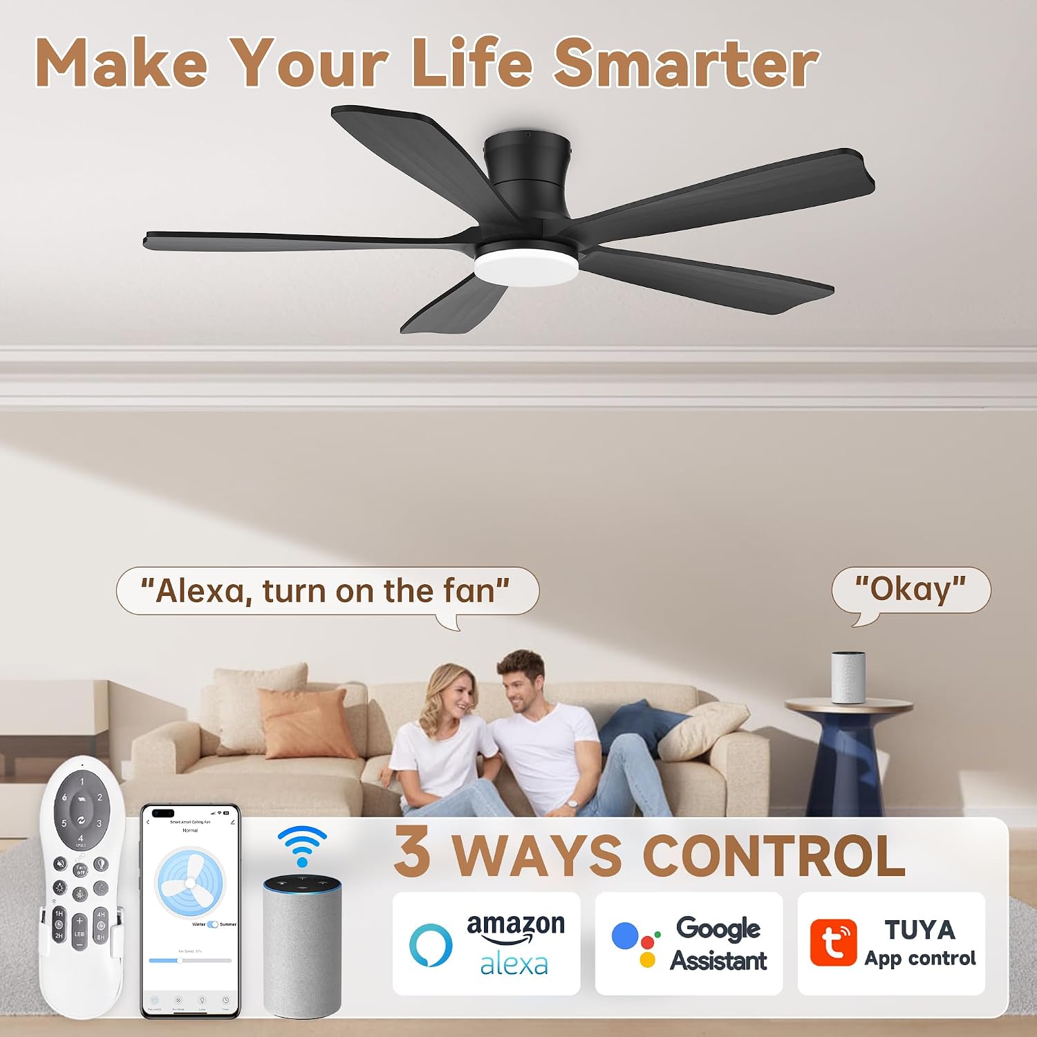 52'Wood Smart Flush Mount Ceiling Fans with Lights Remote,Control via WIFI Alexa Google App,6 Speed,Quiet DC Motor,Modern Black Outdoor Indoor Low Profile Ceiling Fan for Bedroom Patio Porch