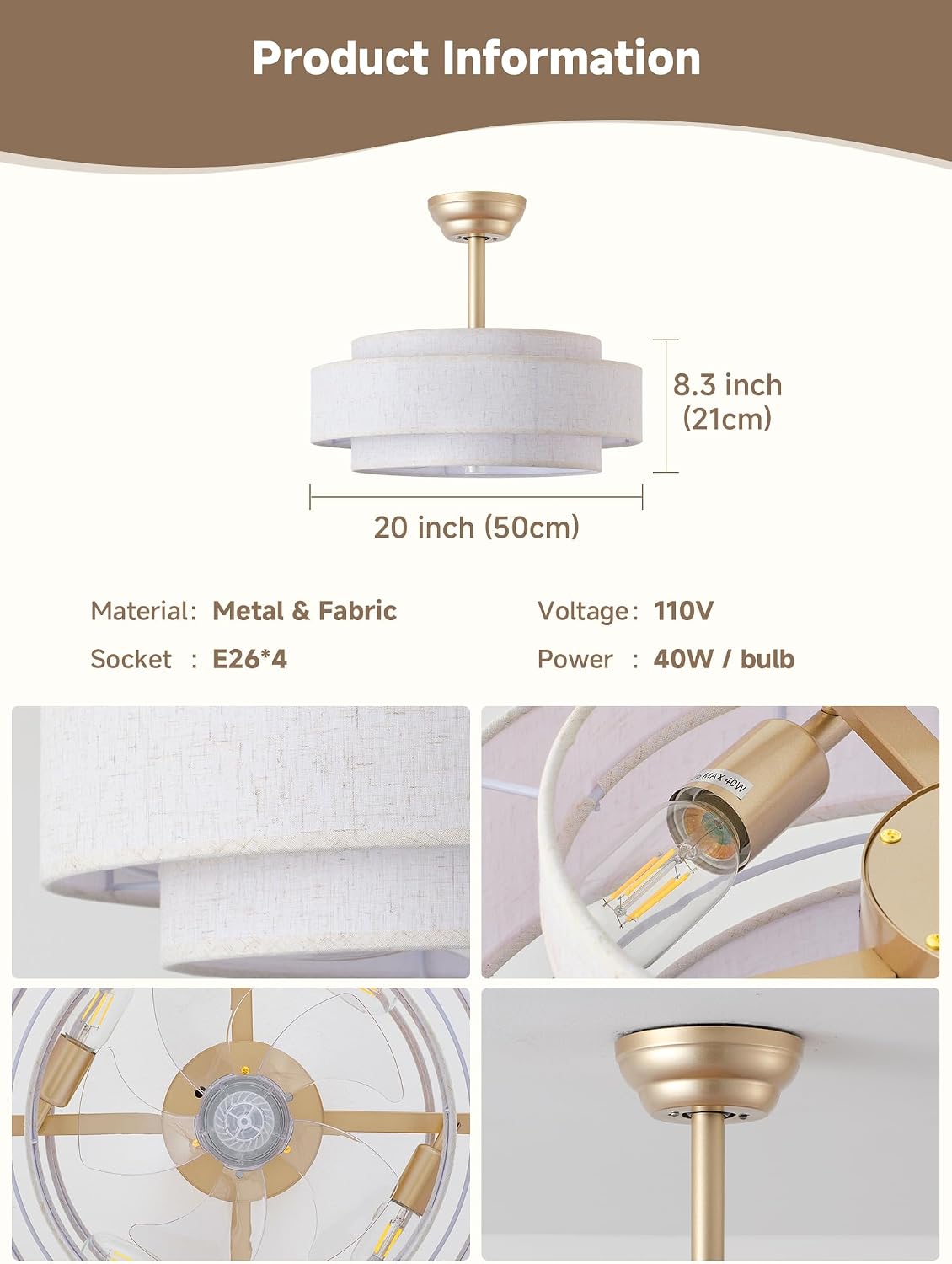 20'' Boho Fandelier Ceiling Fan with Light, Gold Fabric Chandelier with Light Remote Control, Caged with 6 Speeds for Bedroom, Nursery, Living Room