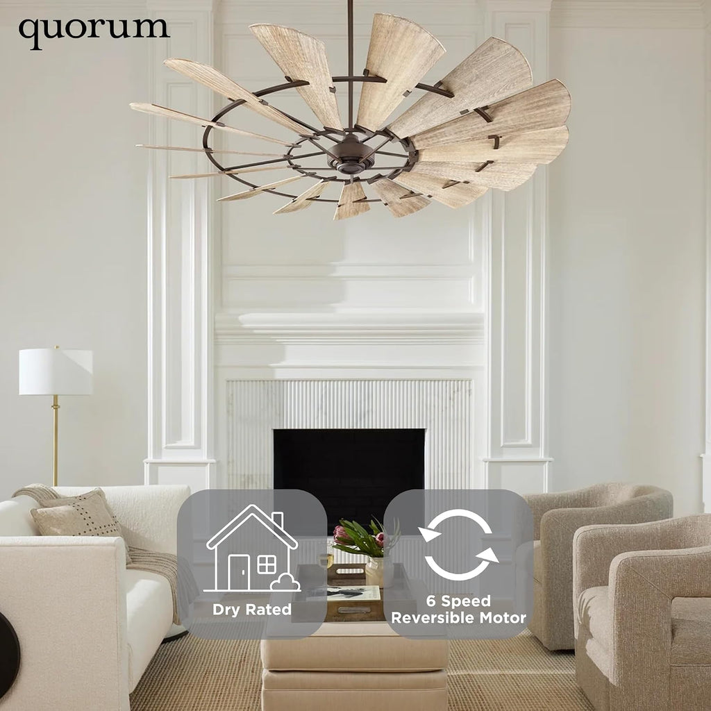 Quorum 97215-86 Windmill 72 Inch Ceiling Fan | 15 Blade Wagon Wheel Design | 6 Speed Reversible DC Motor | Remote Control Included | Dry Rated Indoor Fan | Weathered Oak Blades | Oiled Bronze Finish