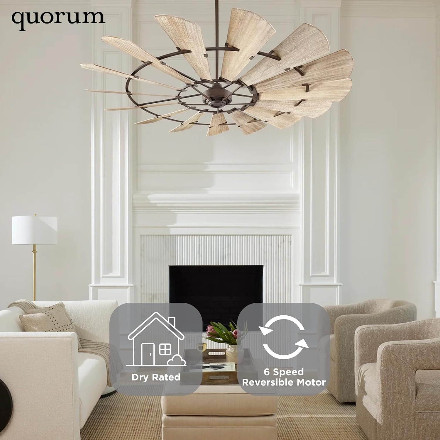 Quorum 97215-86 Windmill 72 Inch Ceiling Fan | 15 Blade Wagon Wheel Design | 6 Speed Reversible DC Motor | Remote Control Included | Dry Rated Indoor Fan | Weathered Oak Blades | Oiled Bronze Finish