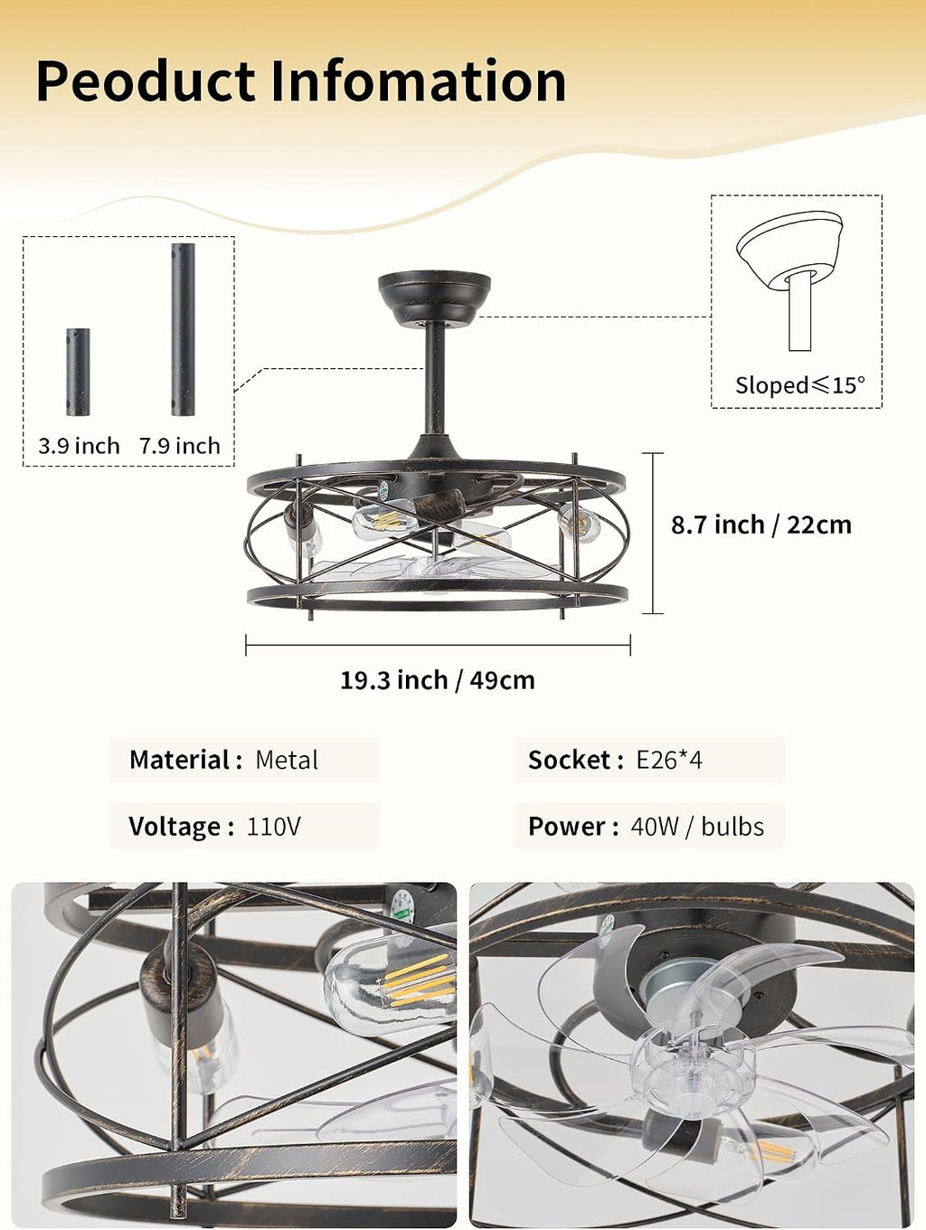 20' Farmhouse Fandelier Ceiling Fan with Light, Caged Bladeless Ceiling Fans with Lights and Remote, Rustic Small Enclosed with 6 Speeds for Bedroom, Kitchen, Living Room, Black
