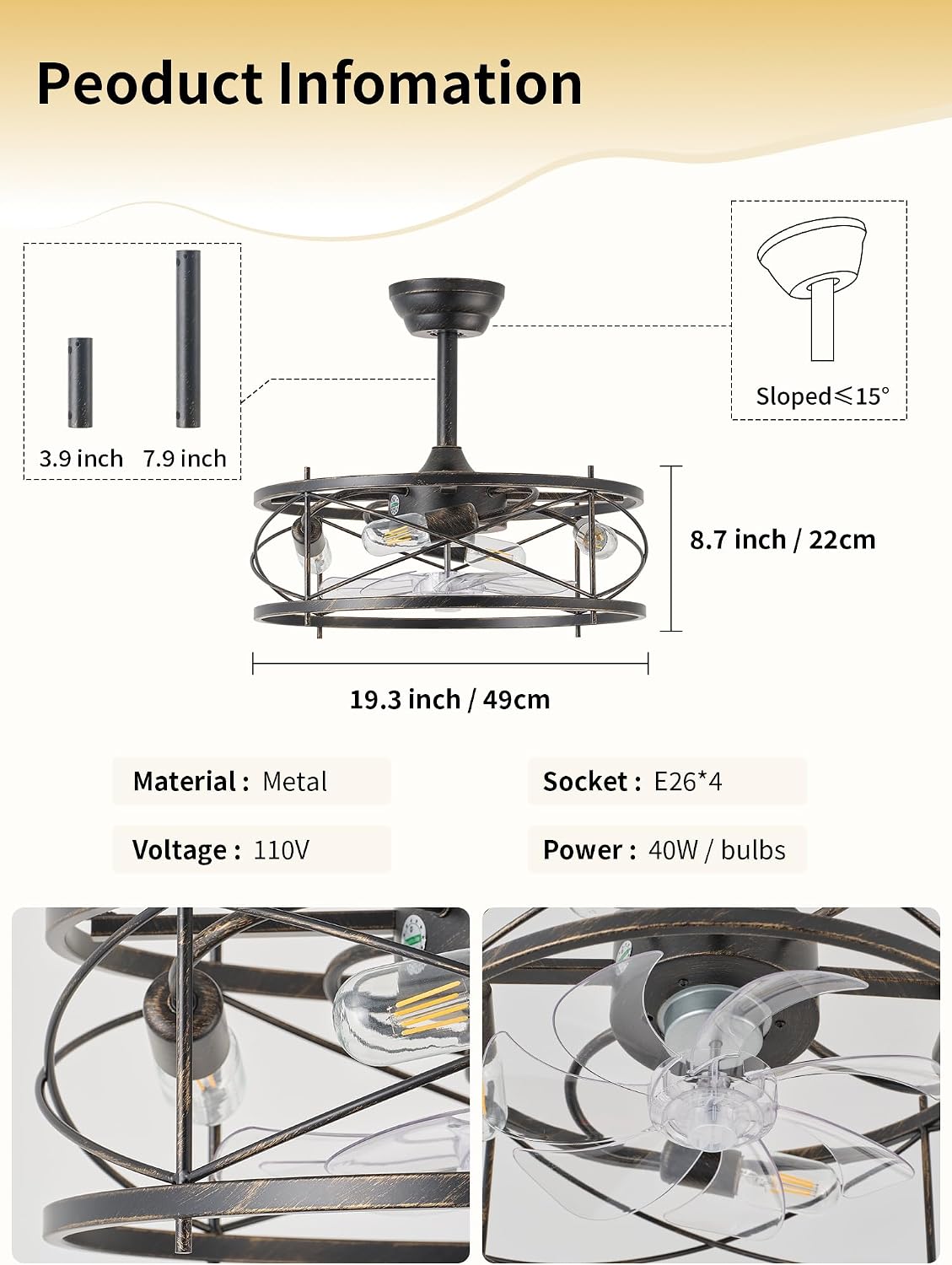 20' Farmhouse Fandelier Ceiling Fan with Light, Caged Bladeless Ceiling Fans with Lights and Remote, Rustic Small Enclosed with 6 Speeds for Bedroom, Kitchen, Living Room, Black