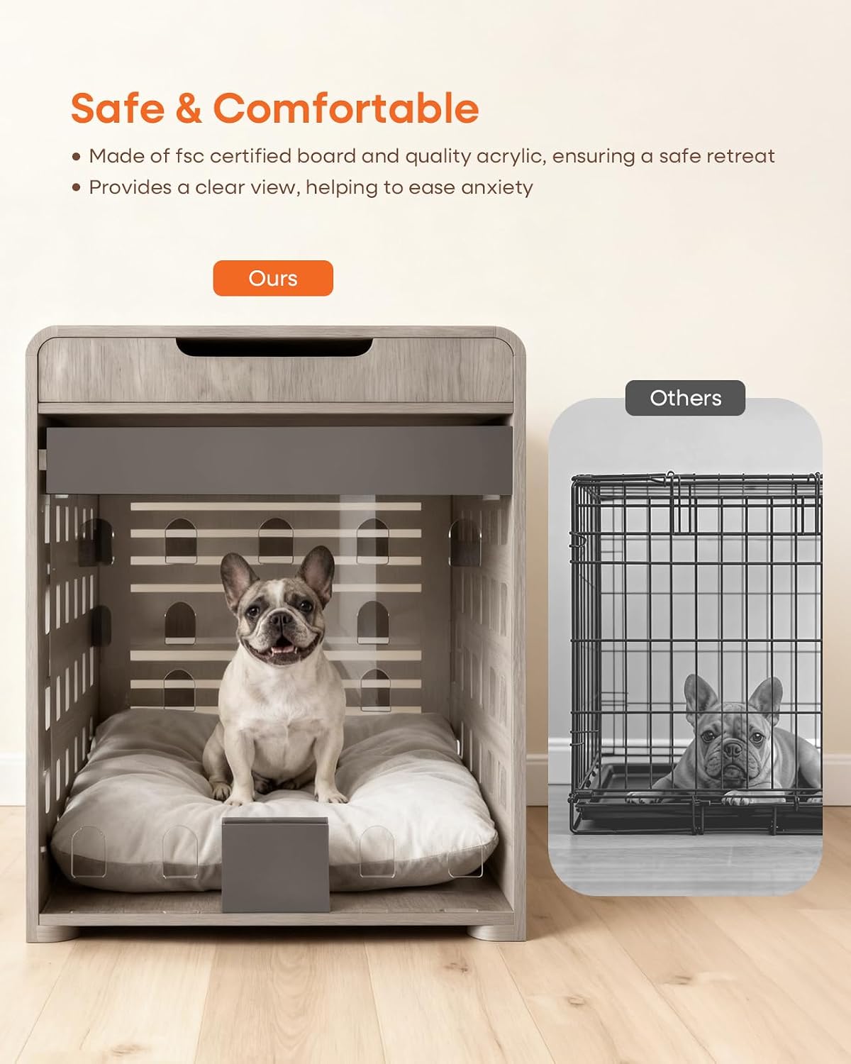 Modern Dog Crate Furniture with Charging Station Medium Kennel Indoor with Flip-up Hidden Acrylic Door for Small and Medium Breeds up to 50lb Wood Pet End Side Table Cage, Grey