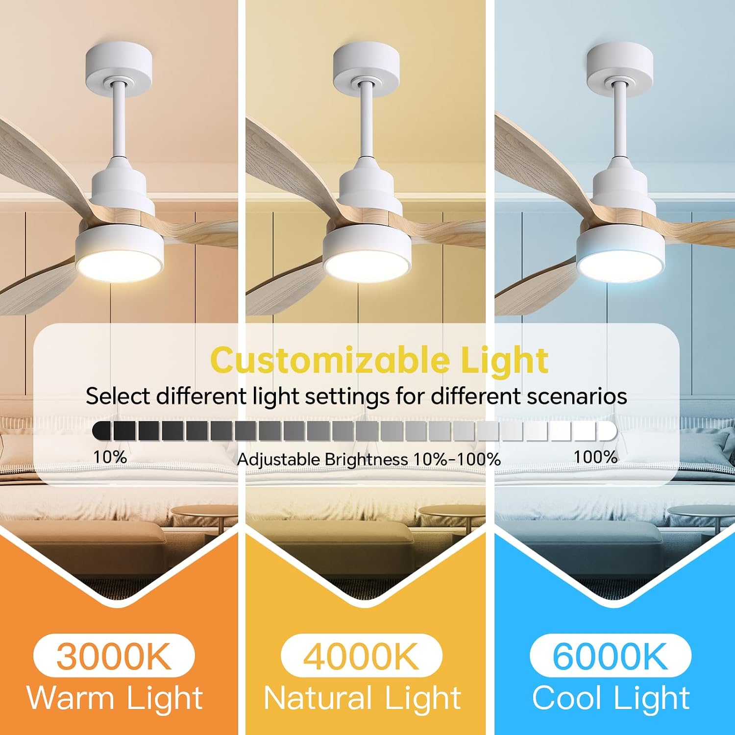 CACI Mall 48 inch Ceiling Fans with Lights, Smart Indoor/Outdoor Ceiling Fan, Remote Control, Compatible with Alexa/Google, Small 3 Blade Solid Wood Ceiling Fans for Bedroom Patio