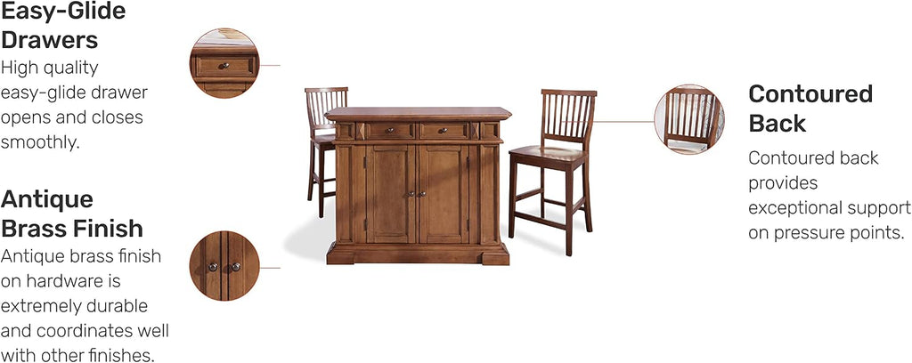Homestyles Americana Cottage Oak 3-Piece Kitchen Island Set with Hardwood Drop Leaf Top and Two Counter Stools