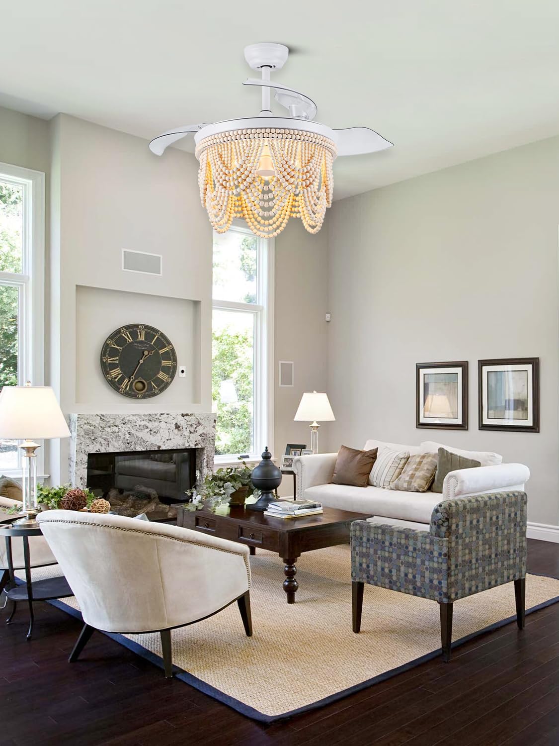 42 Inch Boho Ceiling Fan with Lights Retractable Chandelier Ceiling Fan Wood Beaded Coastal Chandelier for Bedroom Living Room White Fandelier 3 E26 Bulb, 6 Speeds Reversible Quiet DC Motor