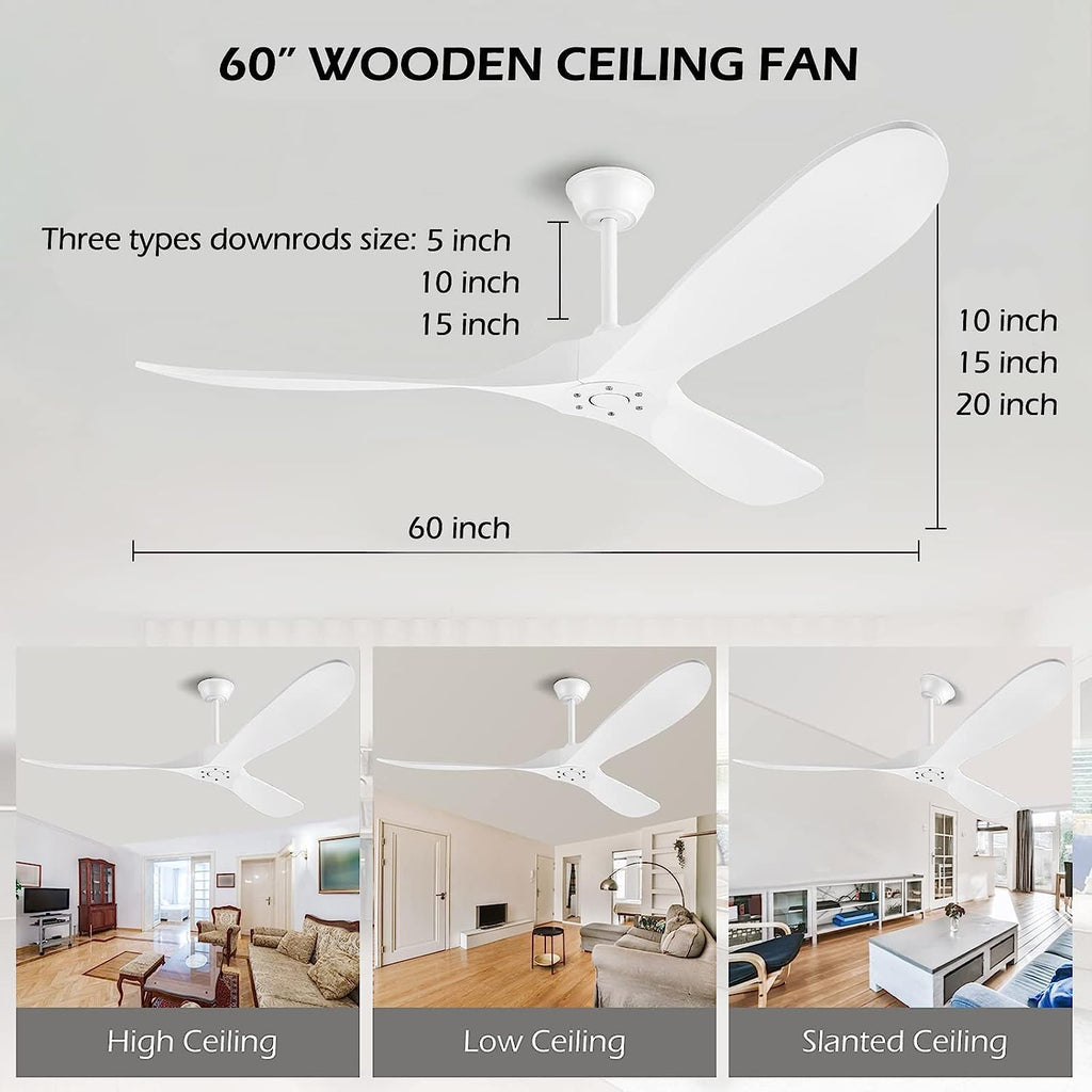 60 Inch White Ceiling Fan No Light ，Wood Indoor Outdoor Ceiling Fans for Patios Living Room Bedroom Porch Big Farmhouse Ceiling Fan for Flat Sloped Angled Ceiling