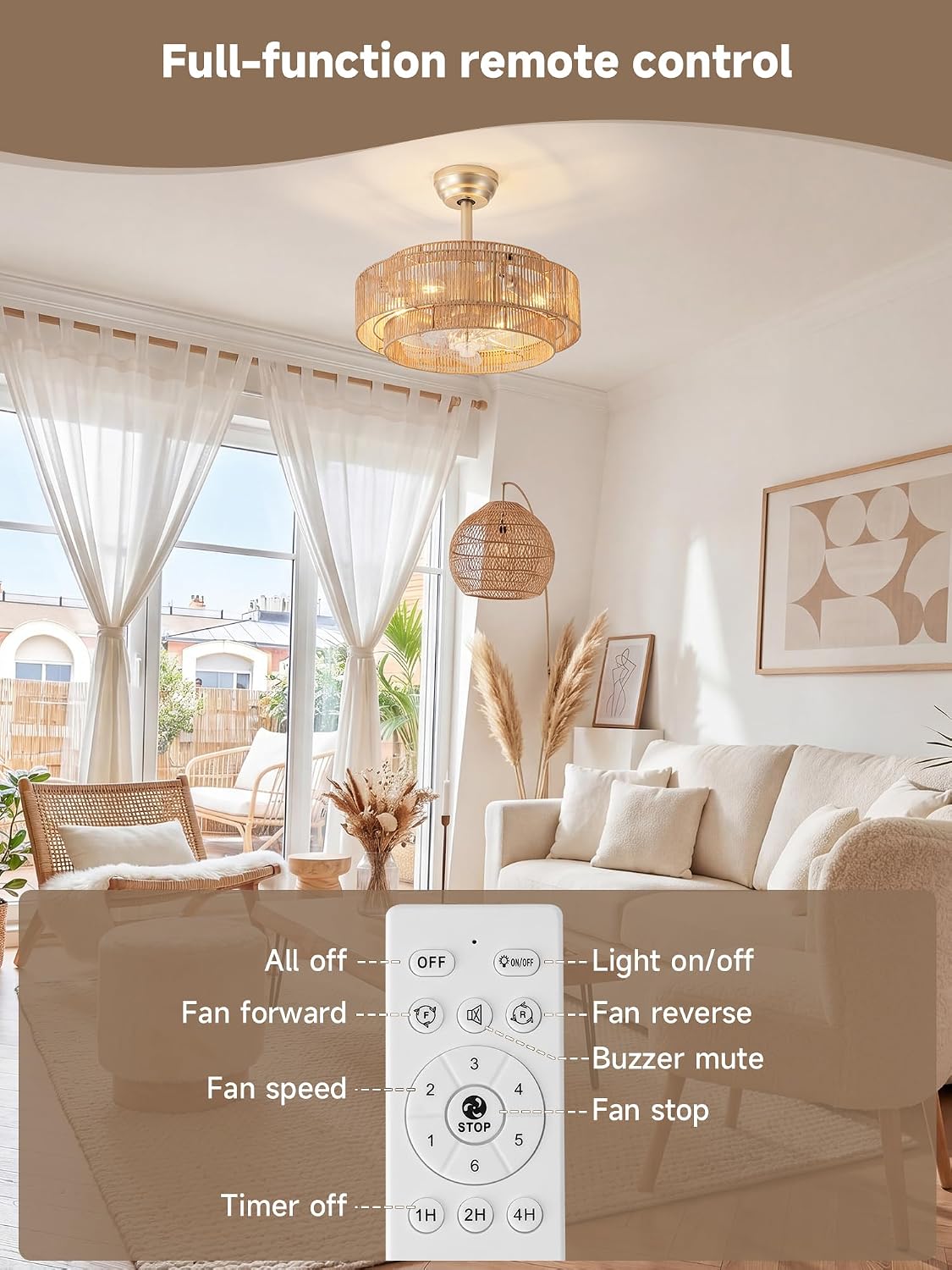 20'' Gold Boho Fandelier Ceiling Fan with Light, Rattan Chandelier with Light Remote Control, Caged with 6 Speeds for Bedroom, Nursery, Living Room