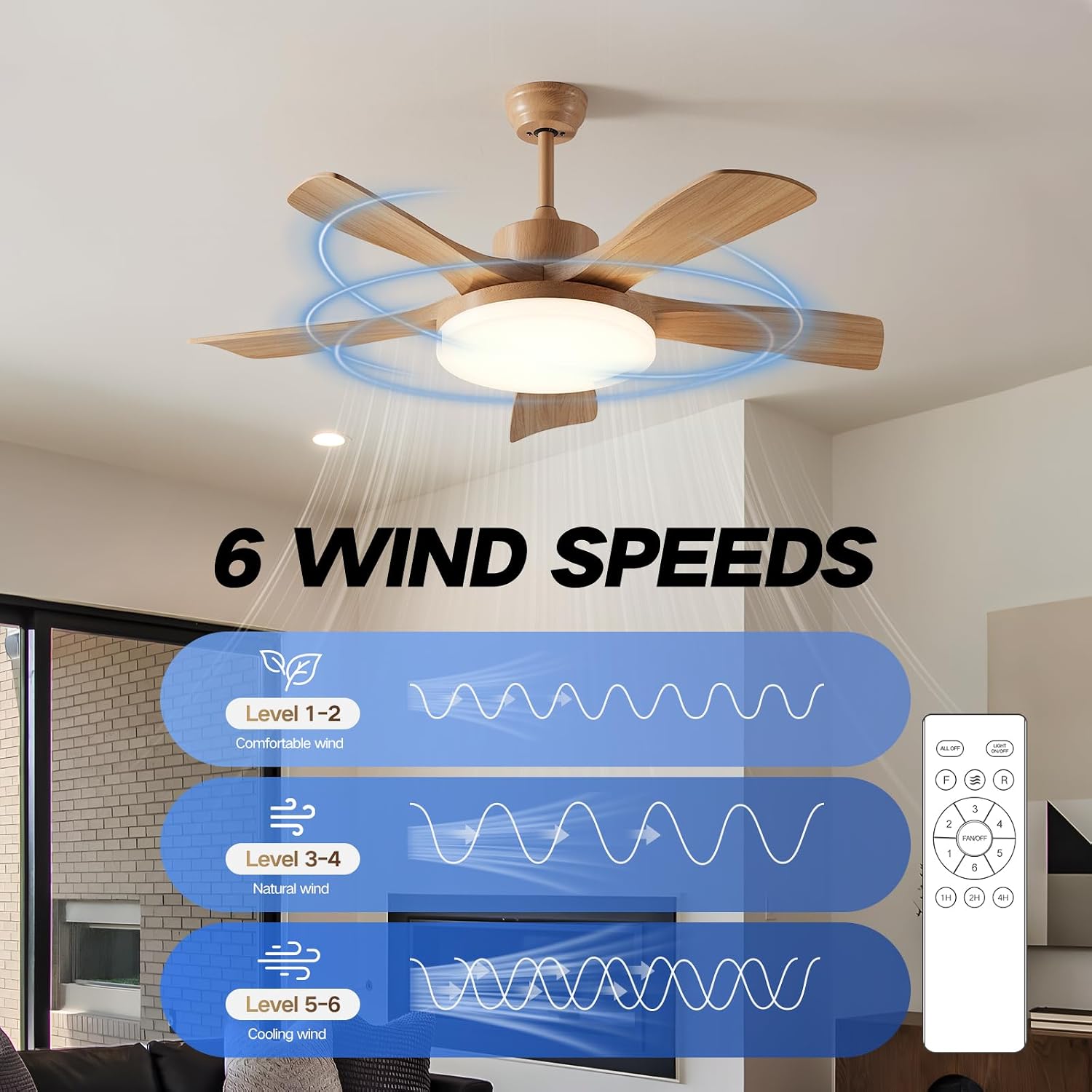 46 Inch Wood Ceiling Fan with Remote, Solid Wood 5 Blade Ceiling Fan with Light, Burlywood Rustic Flush Mount for Patios, Living Room, Dining Room, Bedroom, Farmhouse