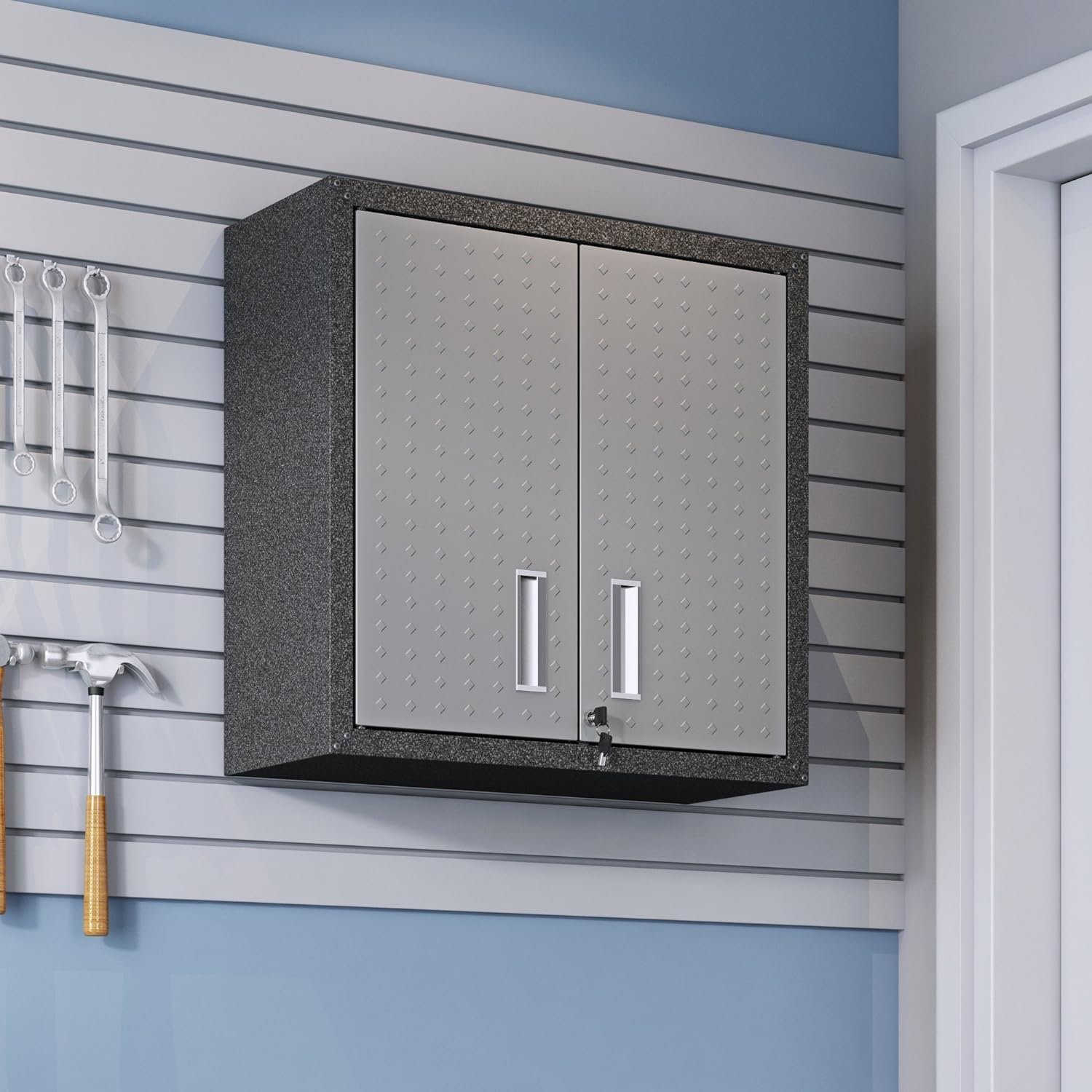 Manhattan Comfort Fortress Floating Storage Cabinet, Modern Stainless-Steel Garage Cabinet, Grey