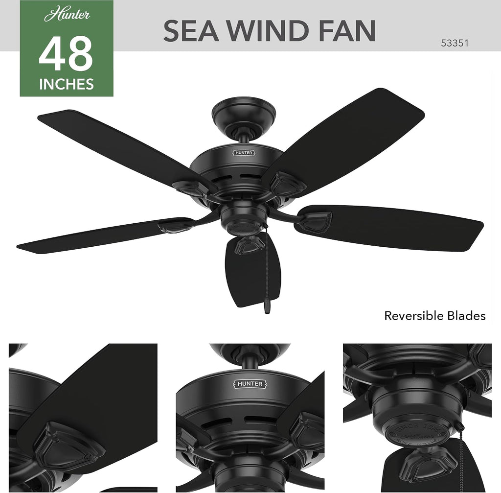 Hunter Fan Sea Wind Indoor / Outdoor Ceiling Fan with Pull Chain Control, 48', Black