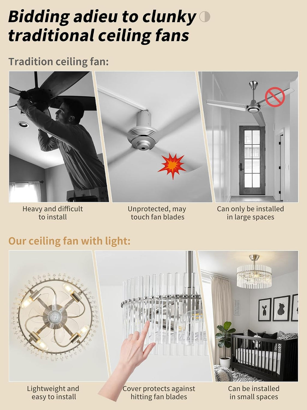 SYDACG 20' Silver and Clear Crystal Fandelier Ceiling Fan with Light, Mid-Century Chandelier Ceiling Fan with Light Remote Control, 6 Speeds for Bedroom, Nursery, Living Room